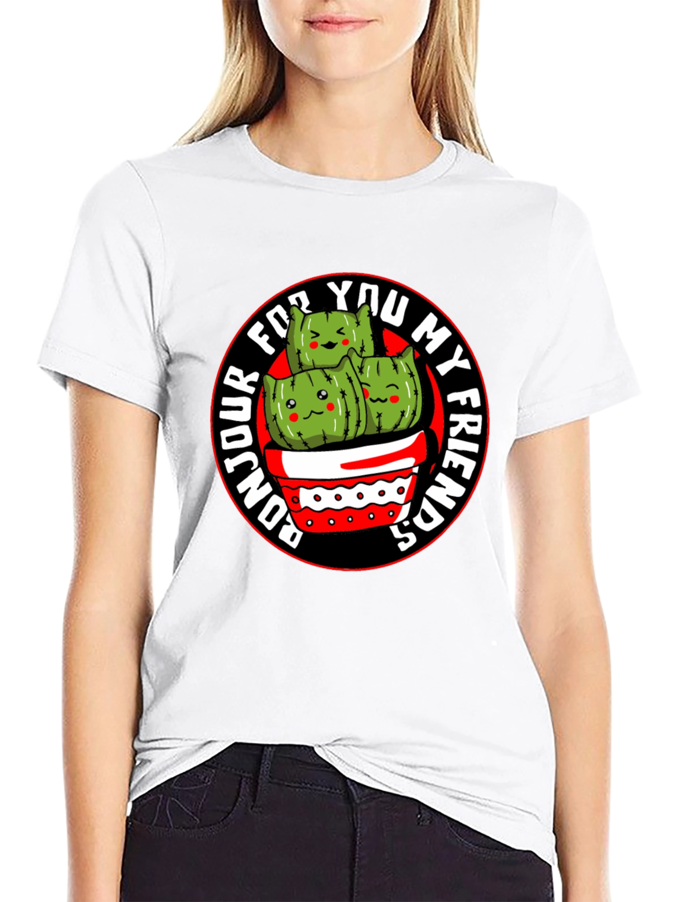 Bonjour My Friends Cactus Graphic Tee - Black