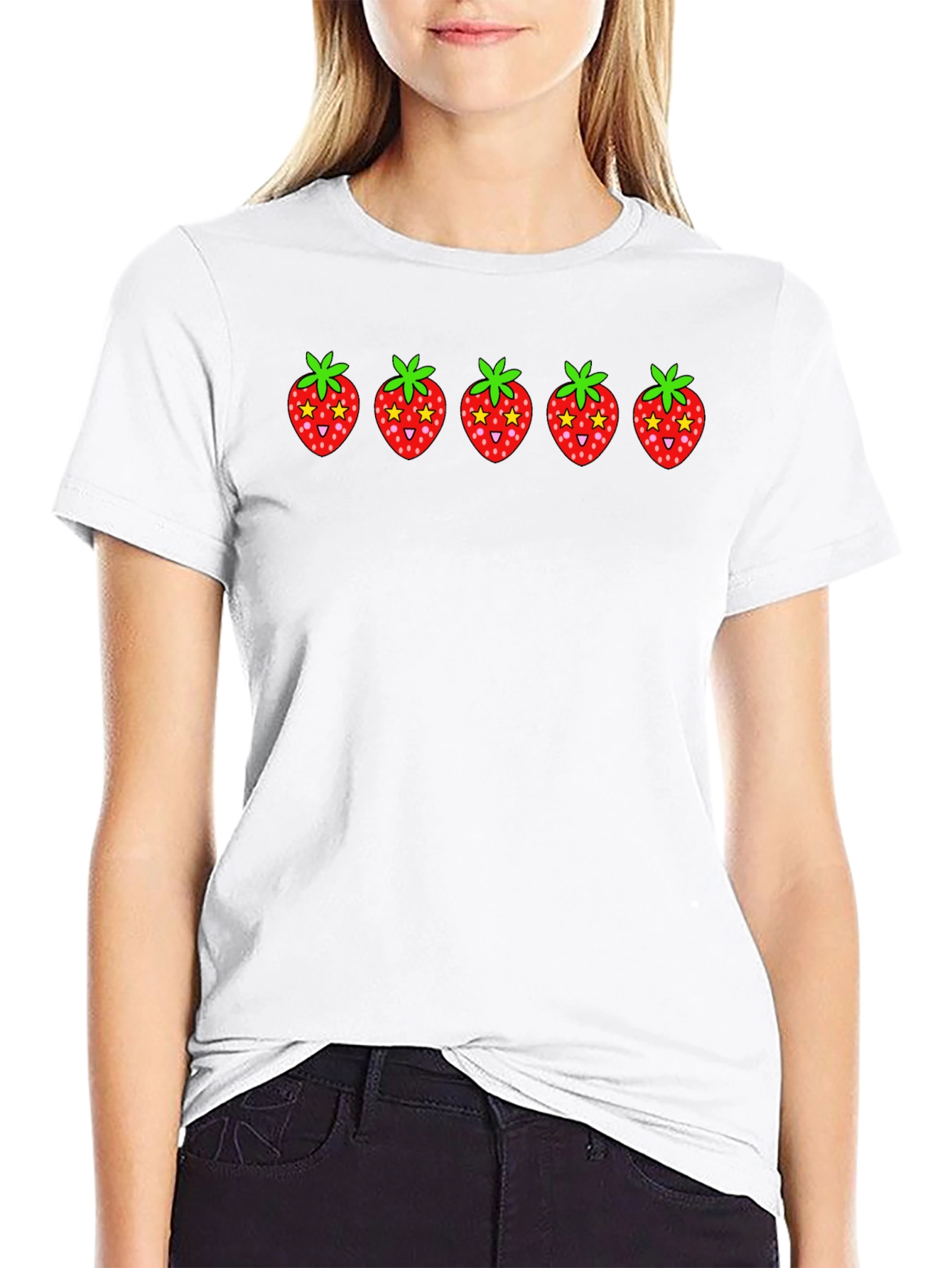 Strawberry Print Black Cotton T-Shirt