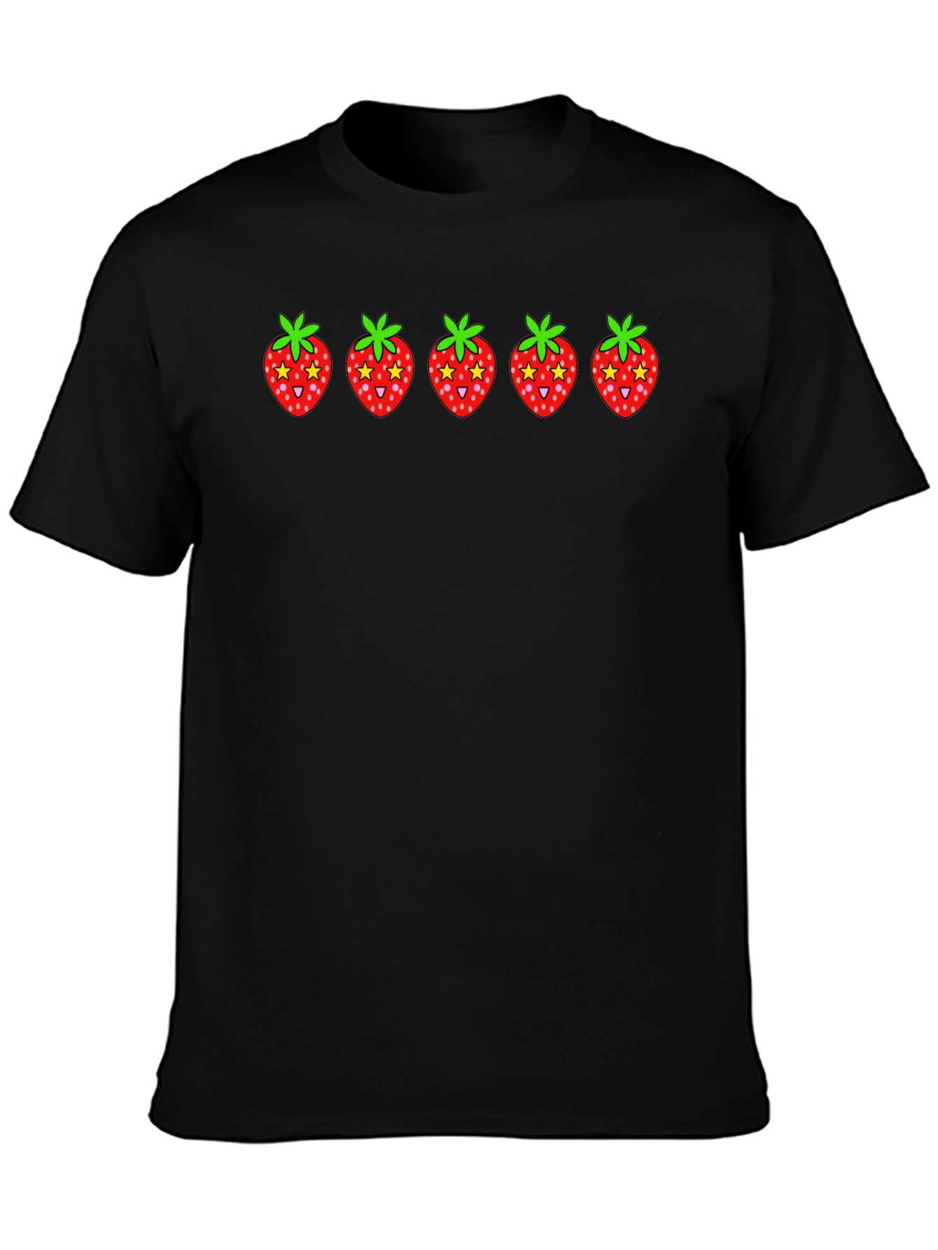 Strawberry Print Black Cotton T-Shirt