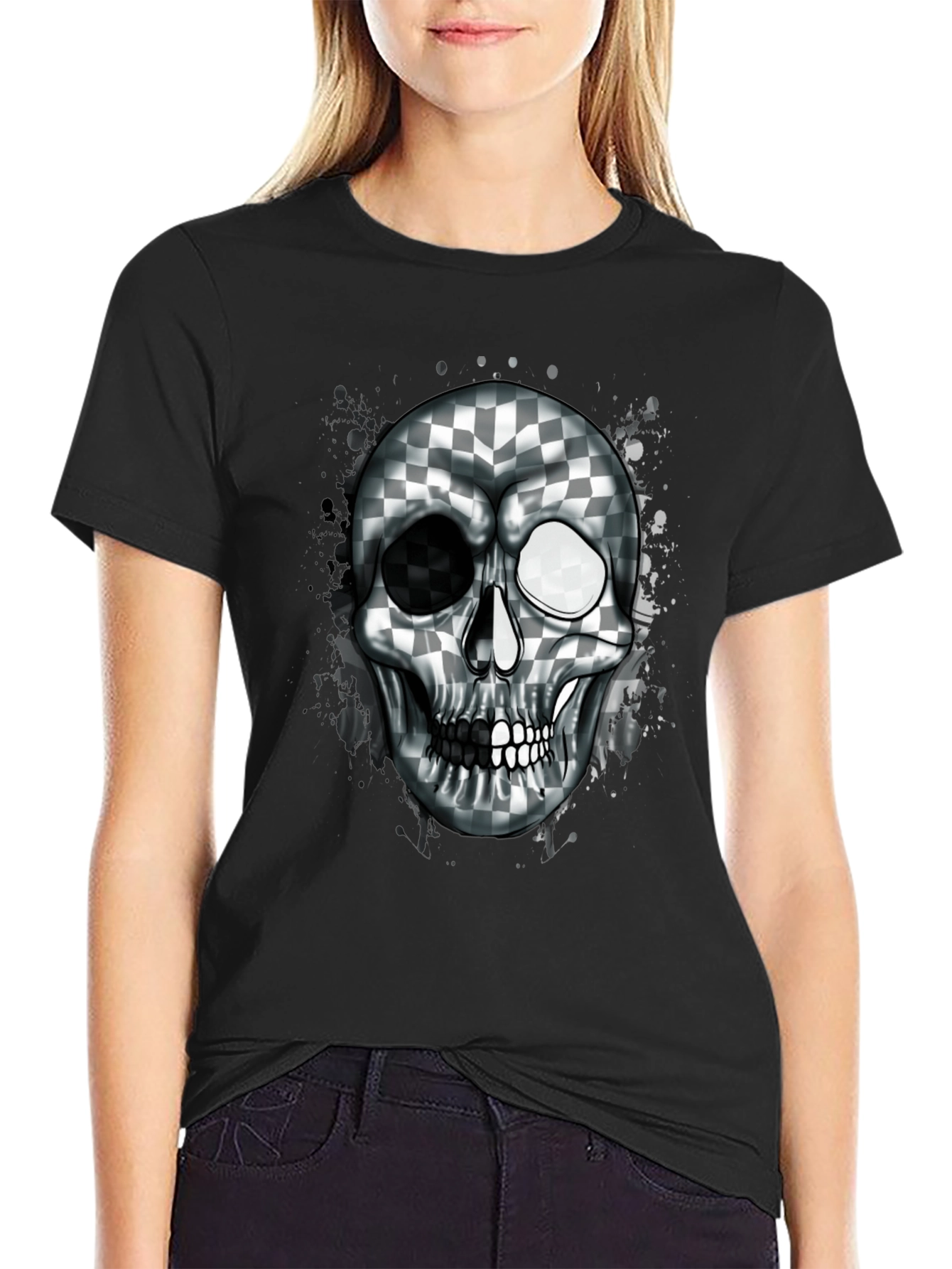 Checkered Skull Graphic Tee - Black