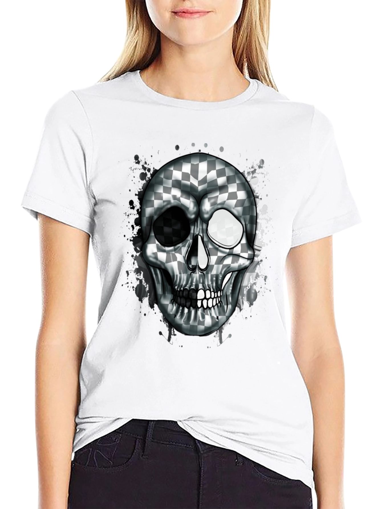 Checkered Skull Graphic Tee - Black