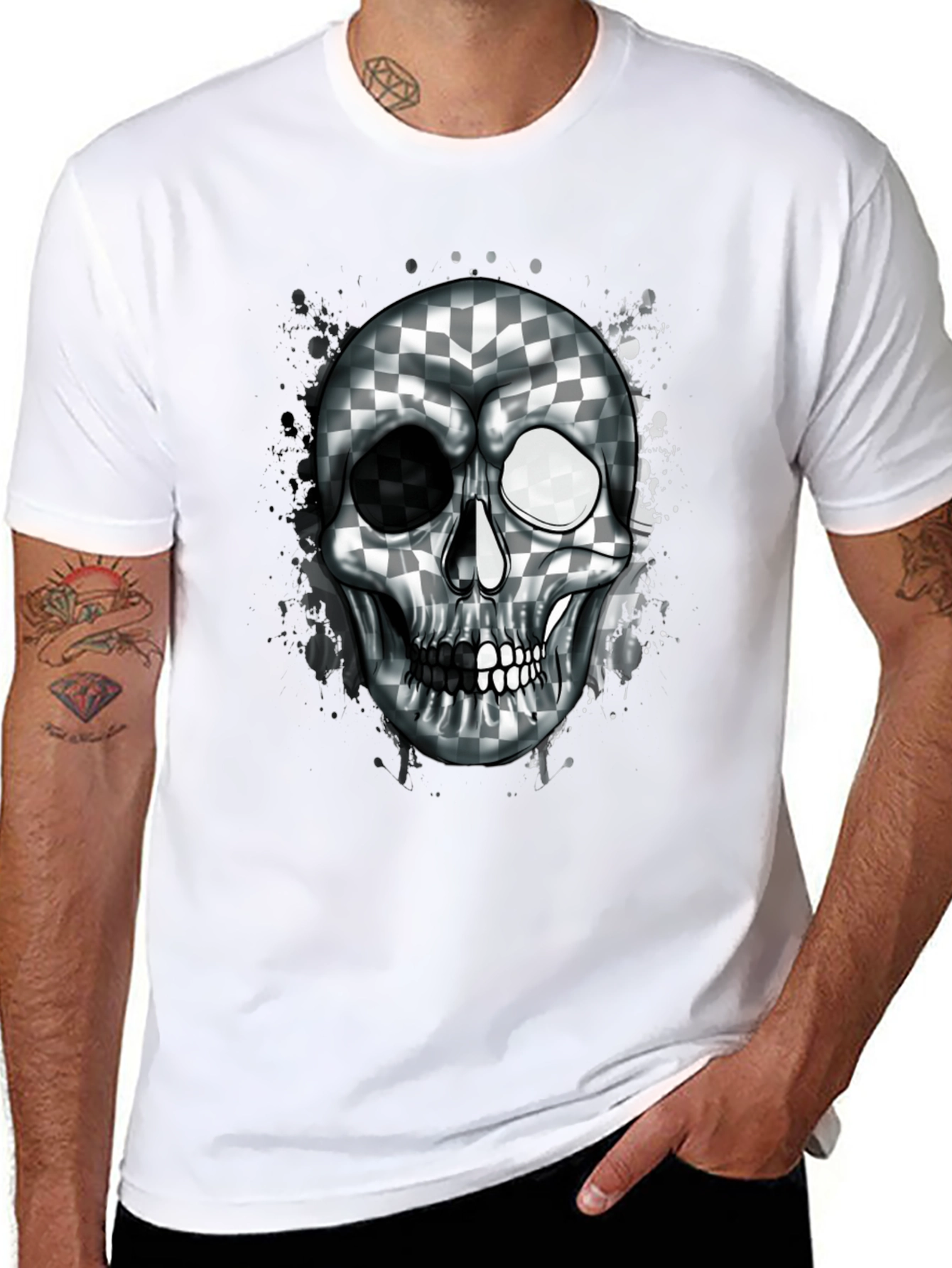 Checkered Skull Graphic Tee - Black