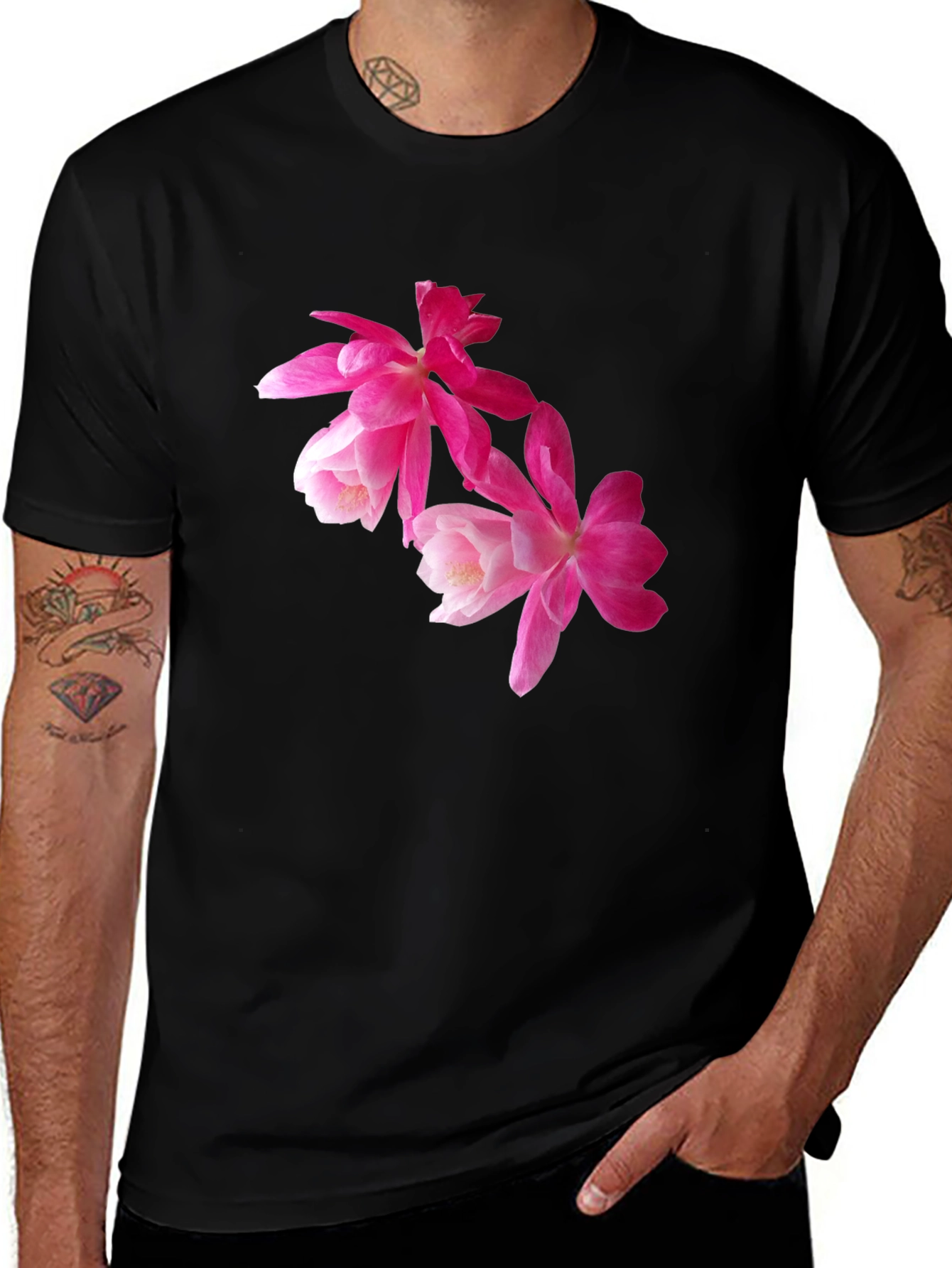 Floral Print T-Shirt - Pink Flowers on Black