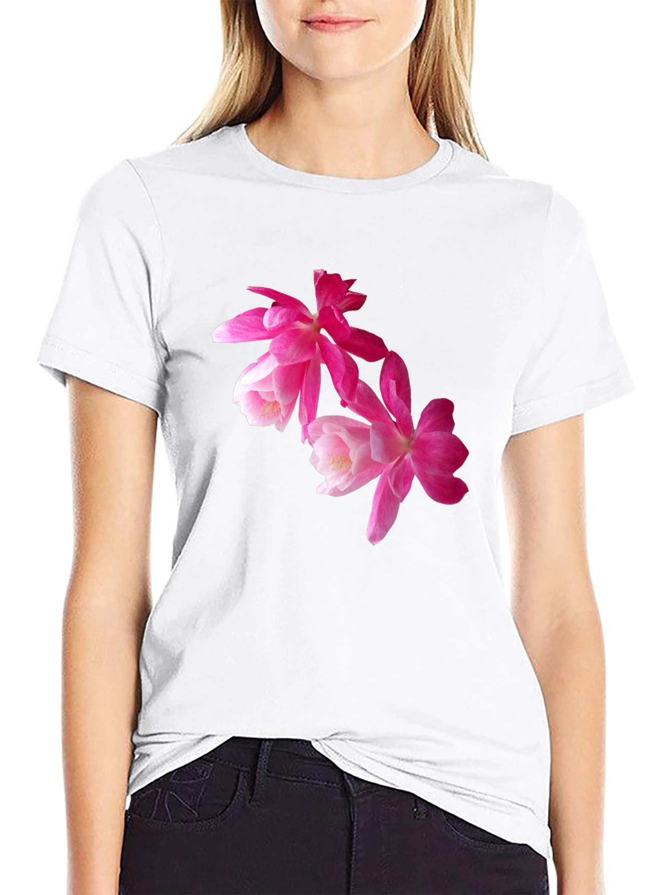 Floral Print T-Shirt - Pink Flowers on Black