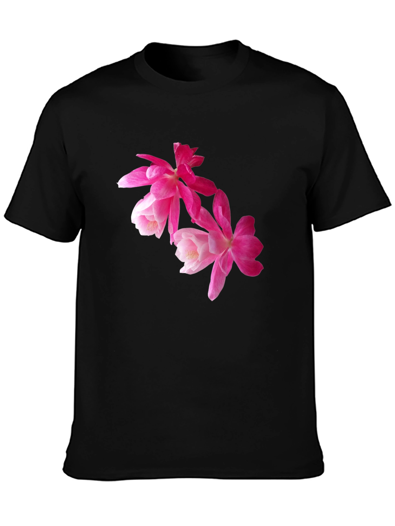 Floral Print T-Shirt - Pink Flowers on Black