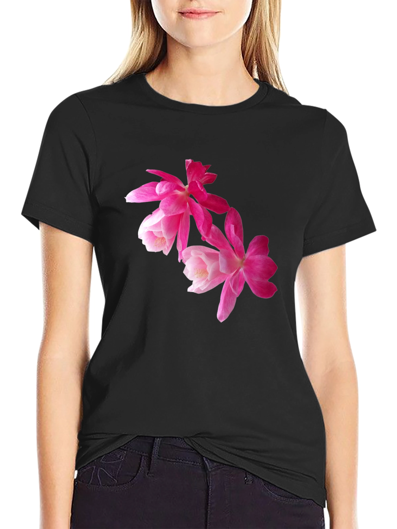Floral Print T-Shirt - Pink Flowers on Black