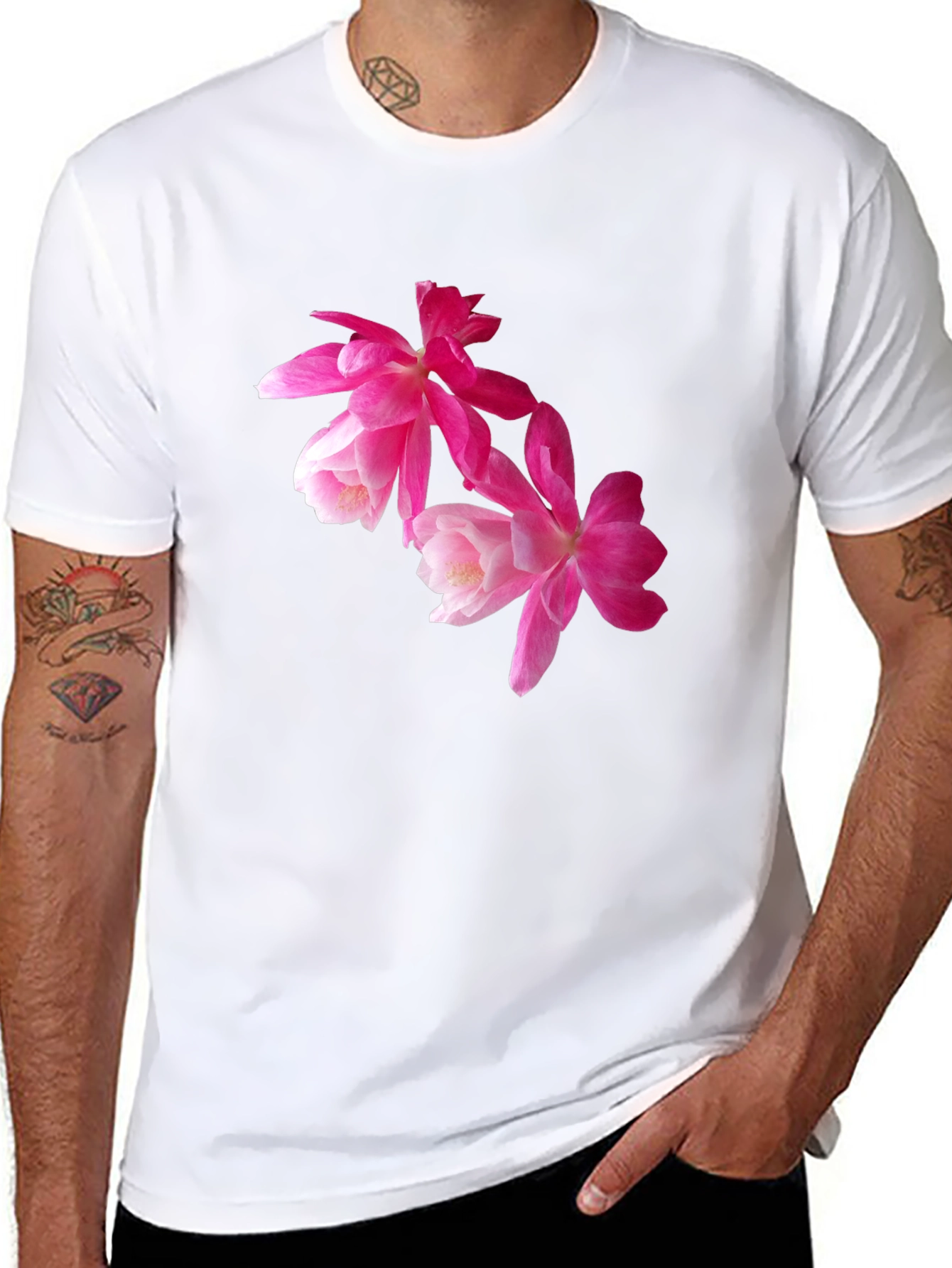 Floral Print T-Shirt - Pink Flowers on Black