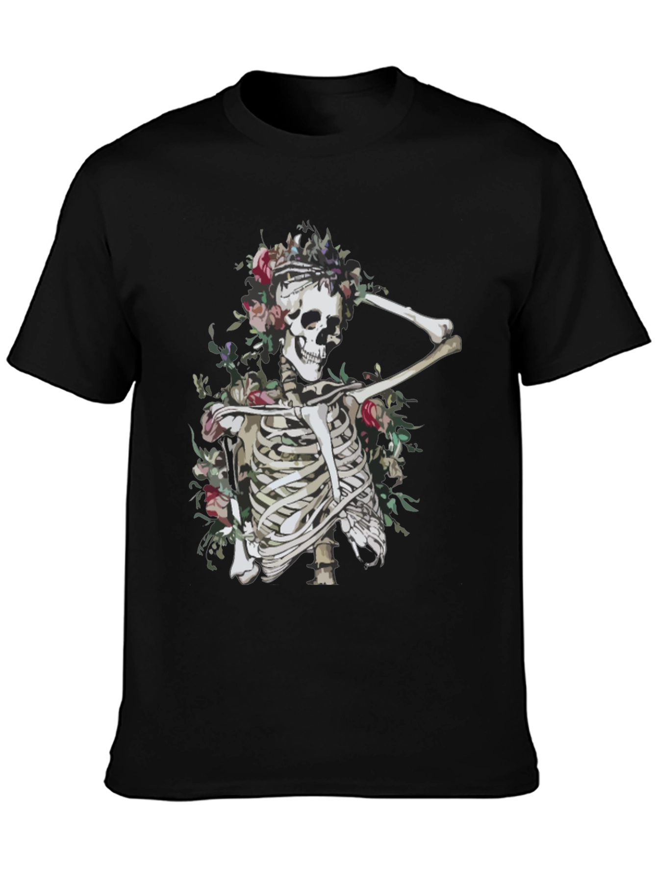 Floral Skeleton Graphic Tee - Unisex Black T-Shirt