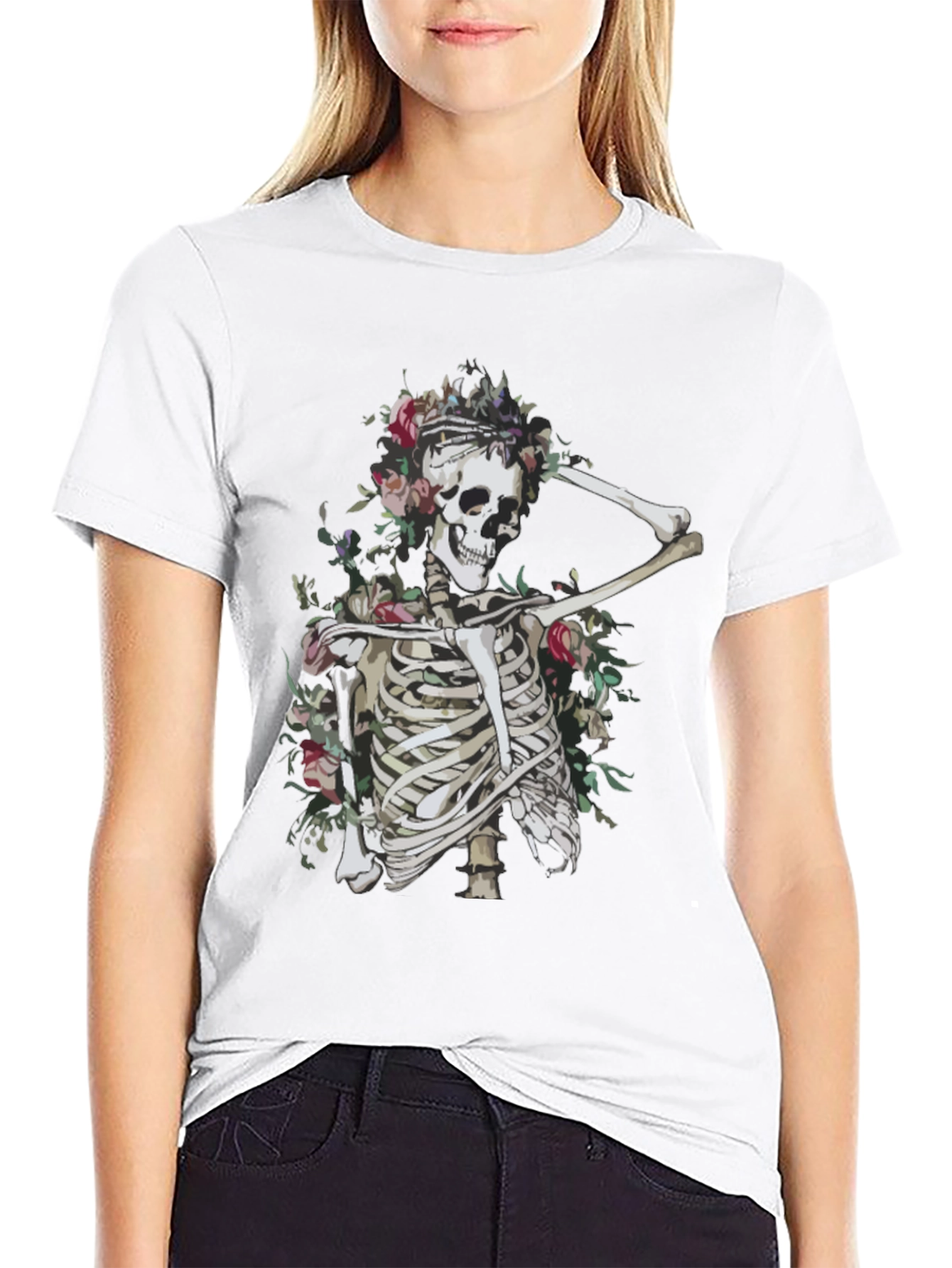 Floral Skeleton Graphic Tee - Unisex Black T-Shirt