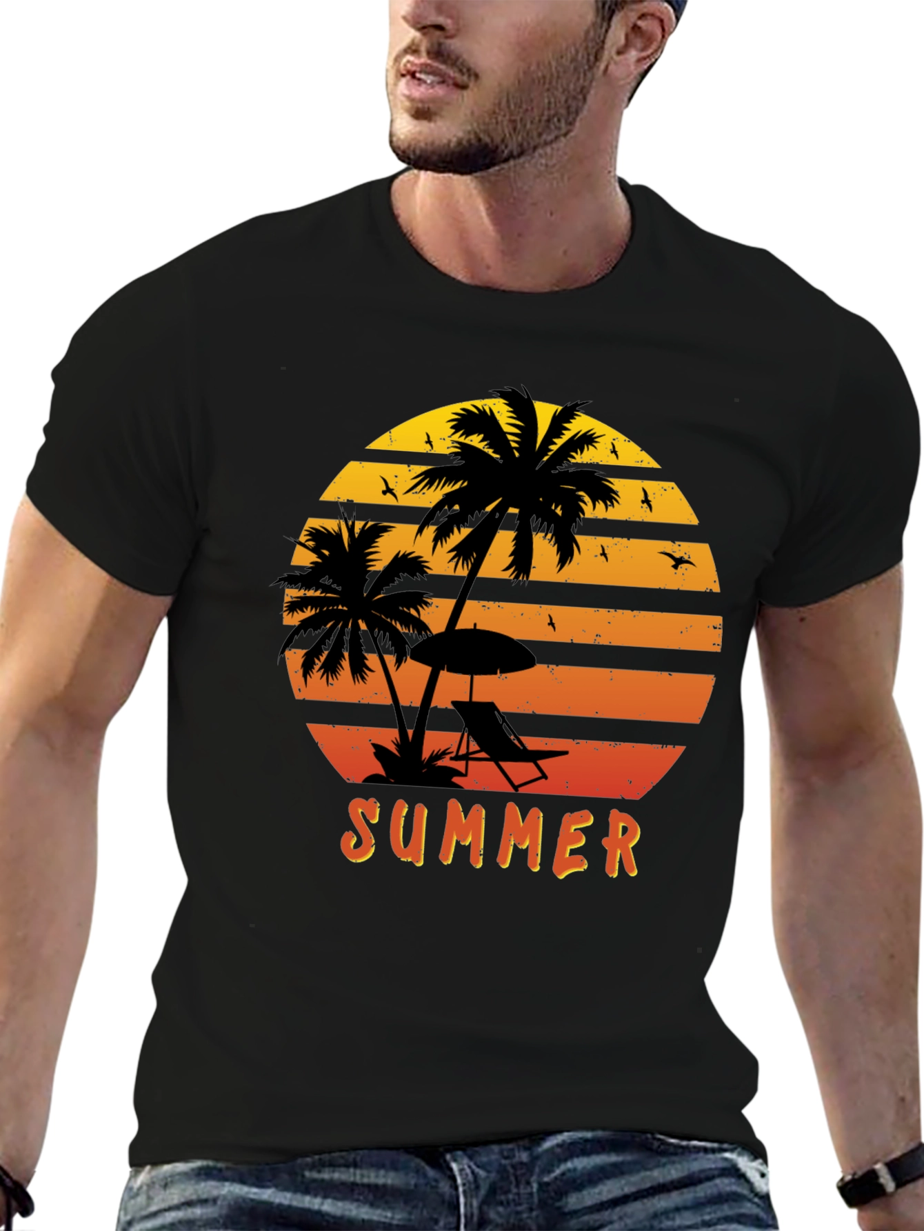 Summer Vibes Graphic Tee - Palm Tree Sunset Design