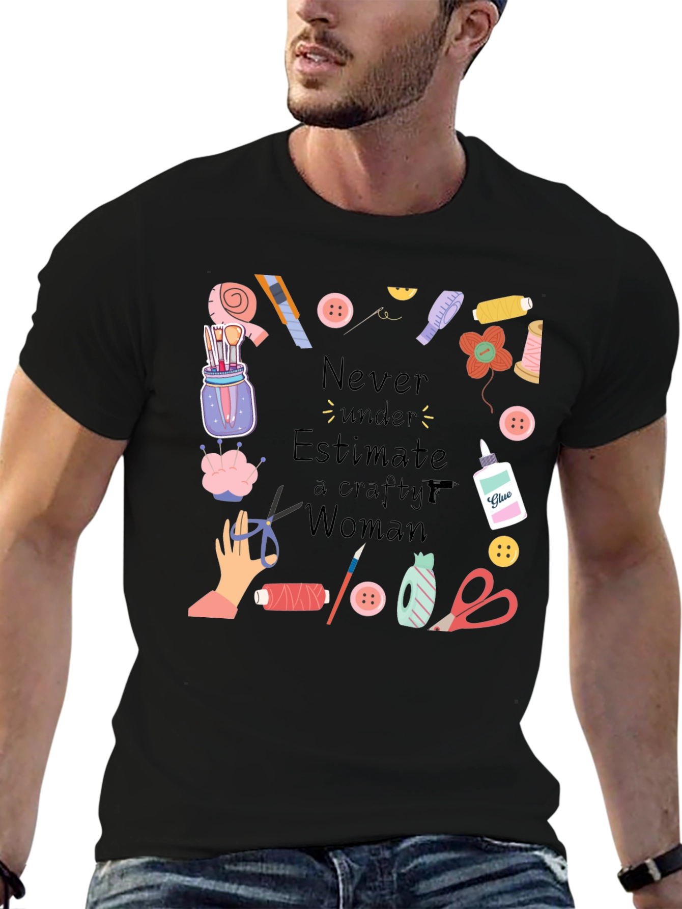 Crafty Woman T-Shirt - Black Cotton Graphic Tee