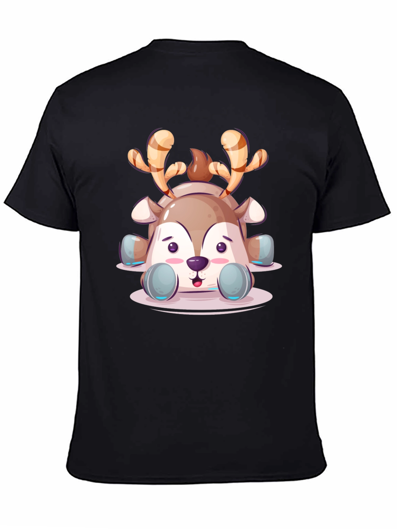 Cute Cartoon Reindeer Graphic Tee - Black Unisex T-Shirt