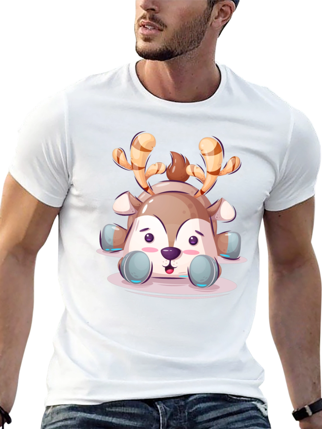 Cute Cartoon Reindeer Graphic Tee - Black Unisex T-Shirt