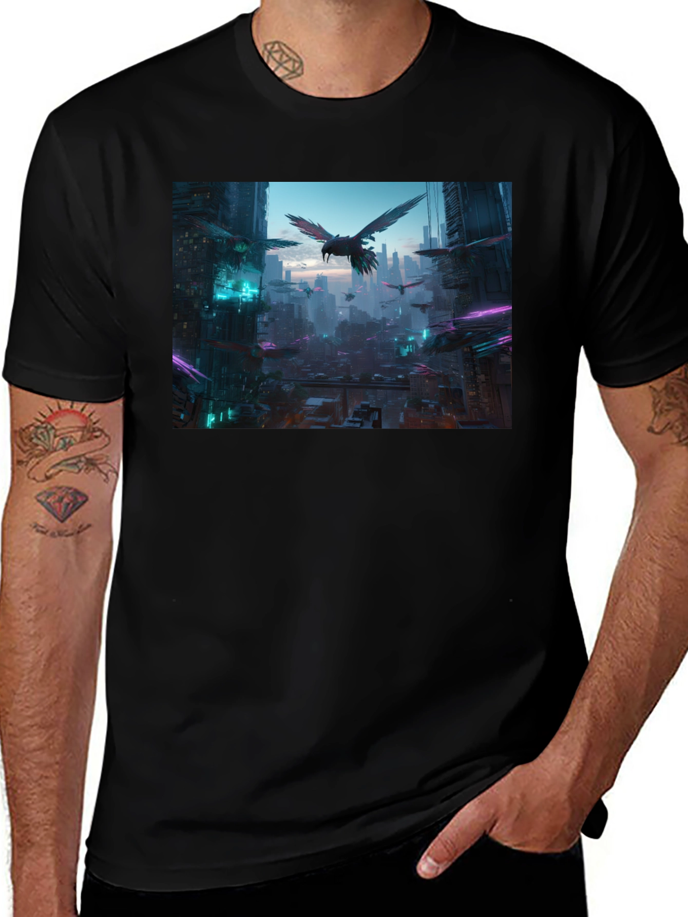 Cyberpunk Cityscape Raven Graphic Tee