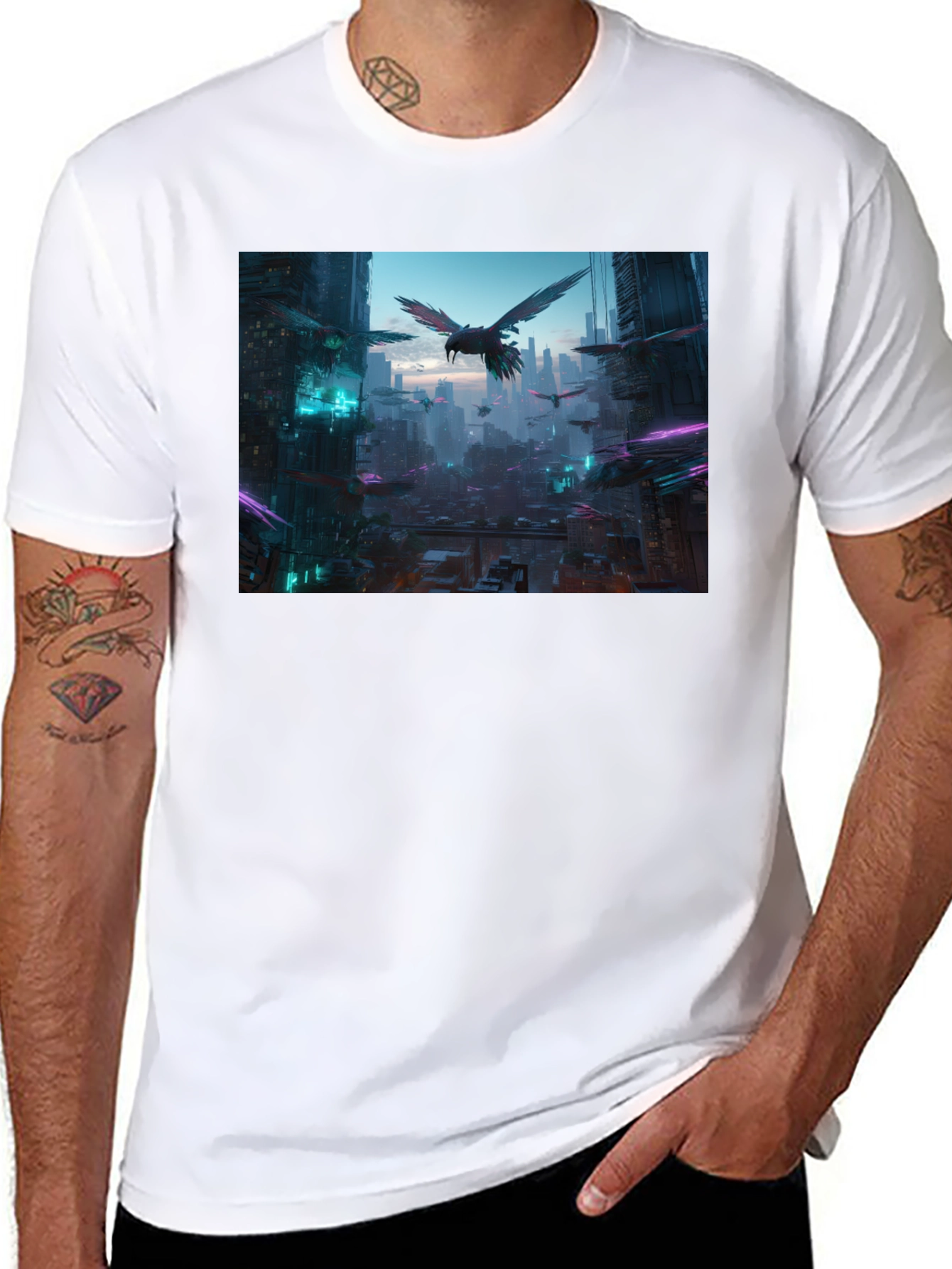 Cyberpunk Cityscape Raven Graphic Tee