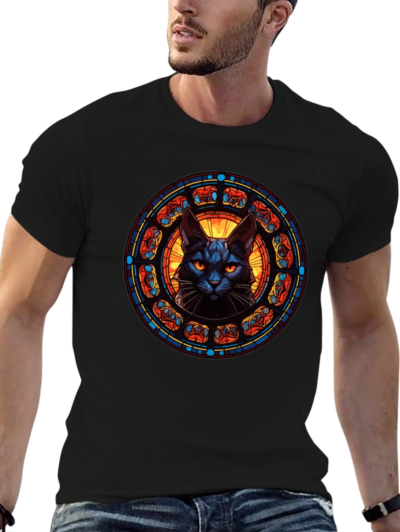 Stained Glass Cat T-Shirt - Gothic Feline Design