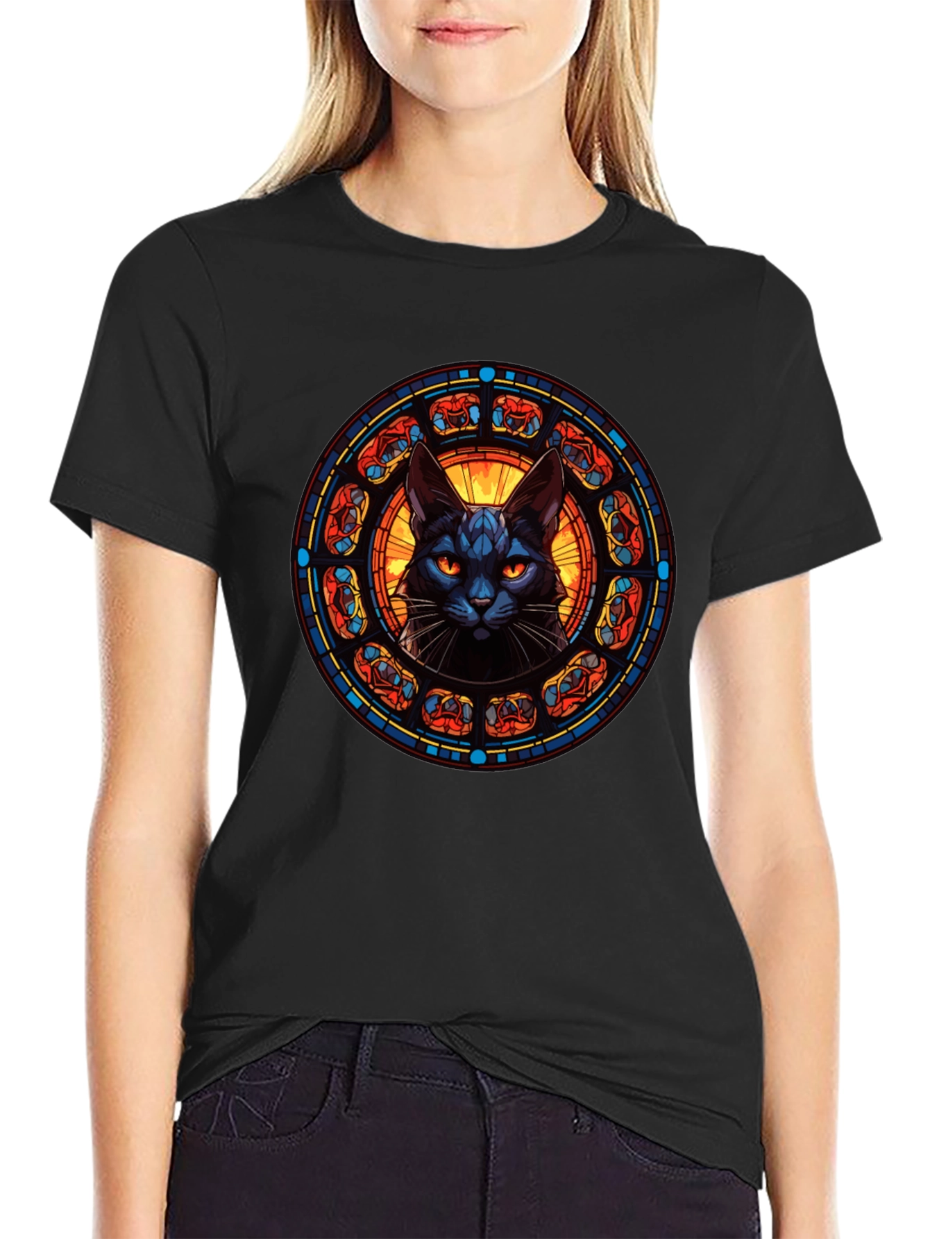 Stained Glass Cat T-Shirt - Gothic Feline Design