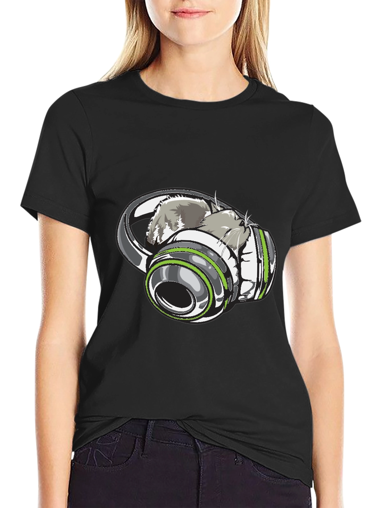 Cat in Headphones Graphic Tee - Black