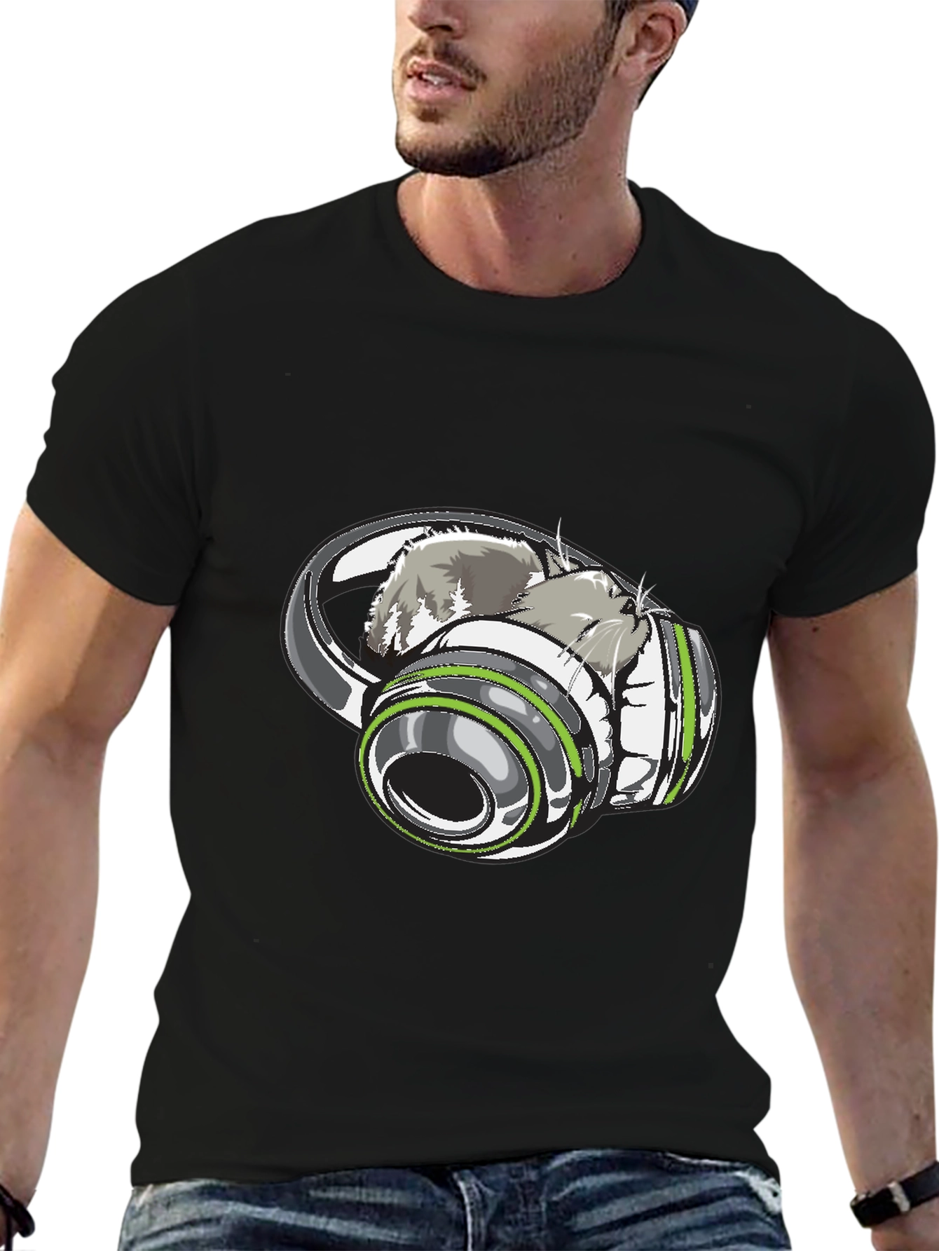 Cat in Headphones Graphic Tee - Black