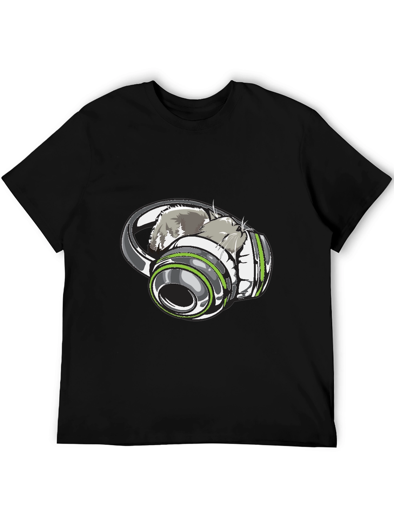 Cat in Headphones Graphic Tee - Black
