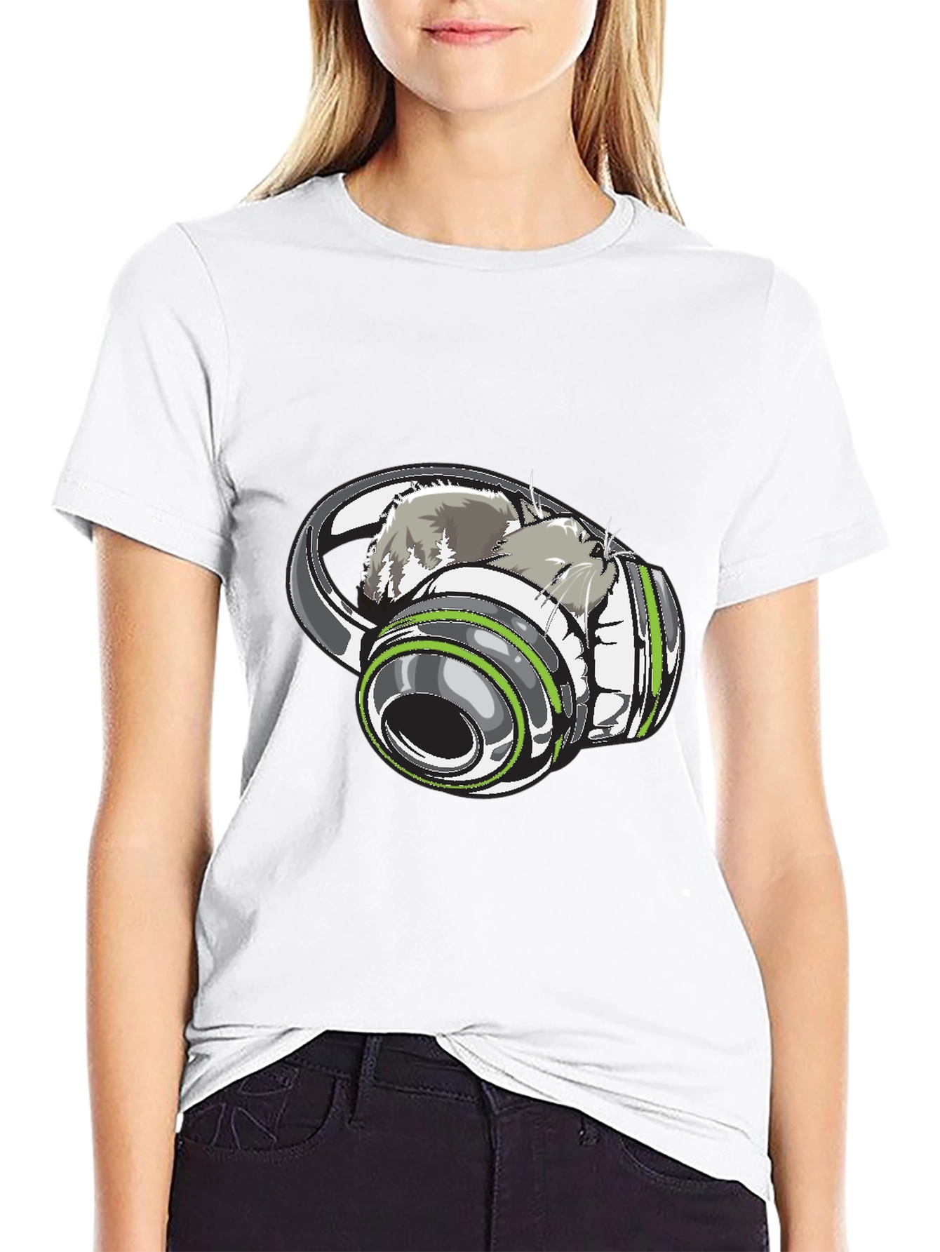 Cat in Headphones Graphic Tee - Black