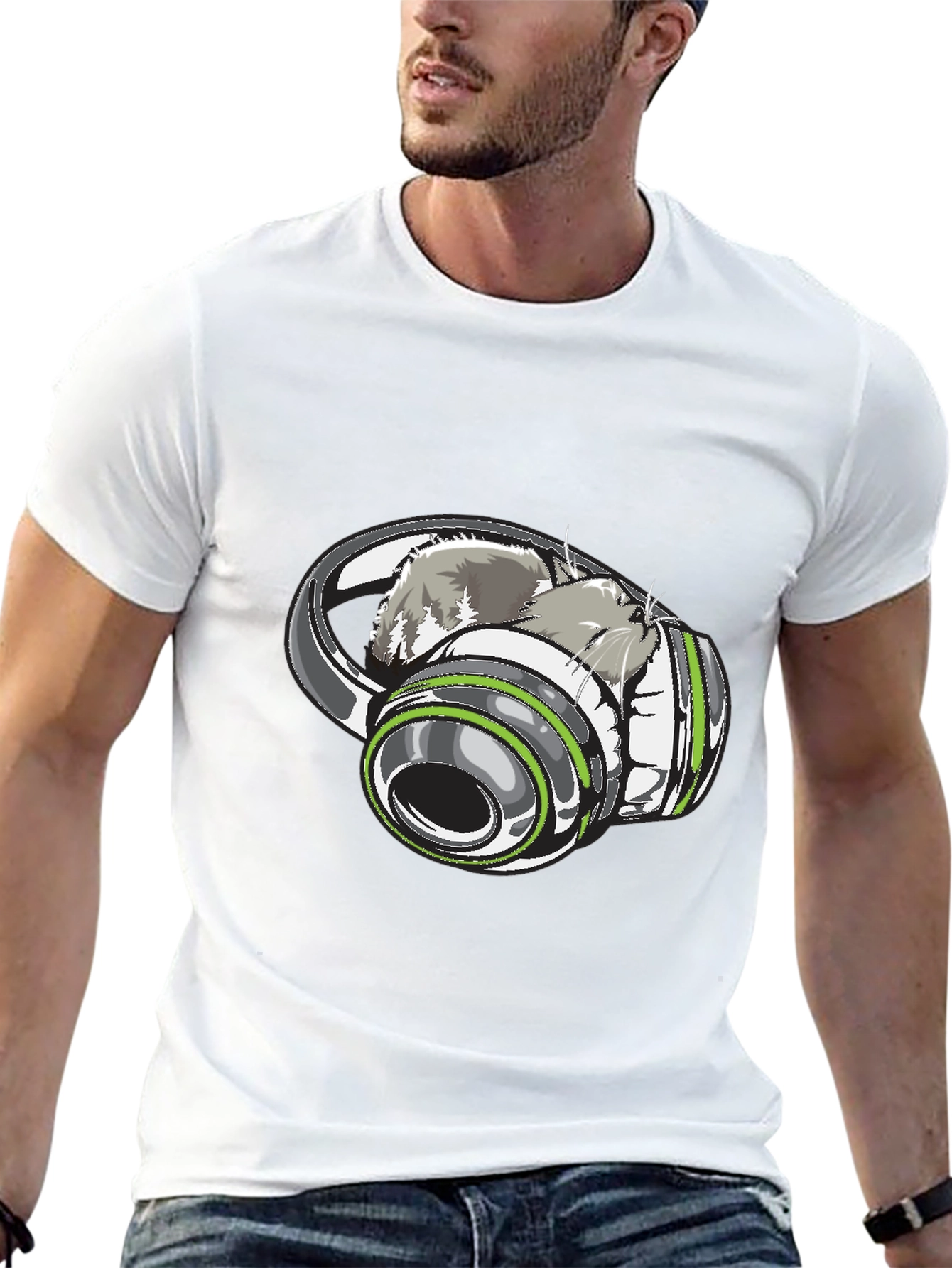 Cat in Headphones Graphic Tee - Black