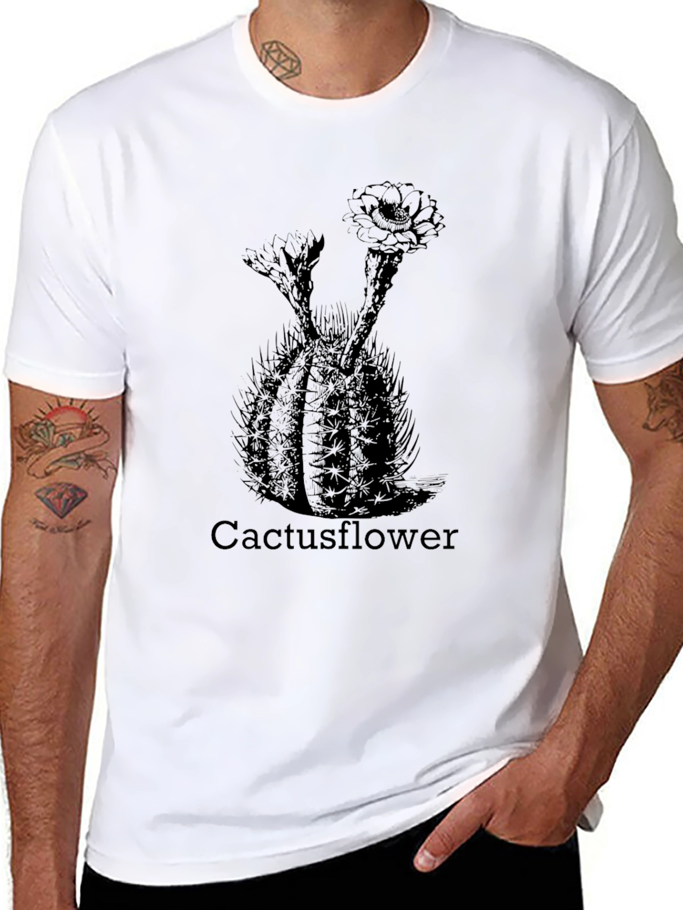Cactus Flower Print Black T-Shirt