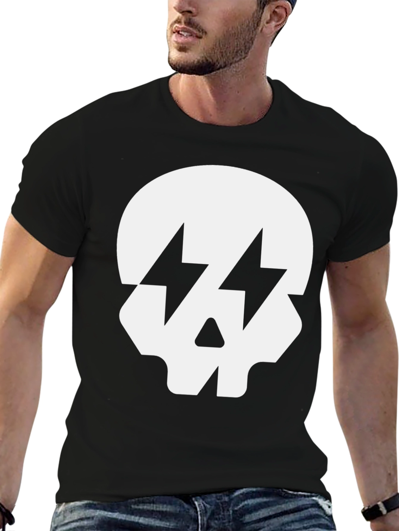 Skull with Lightning Bolt Eyes Black T-Shirt
