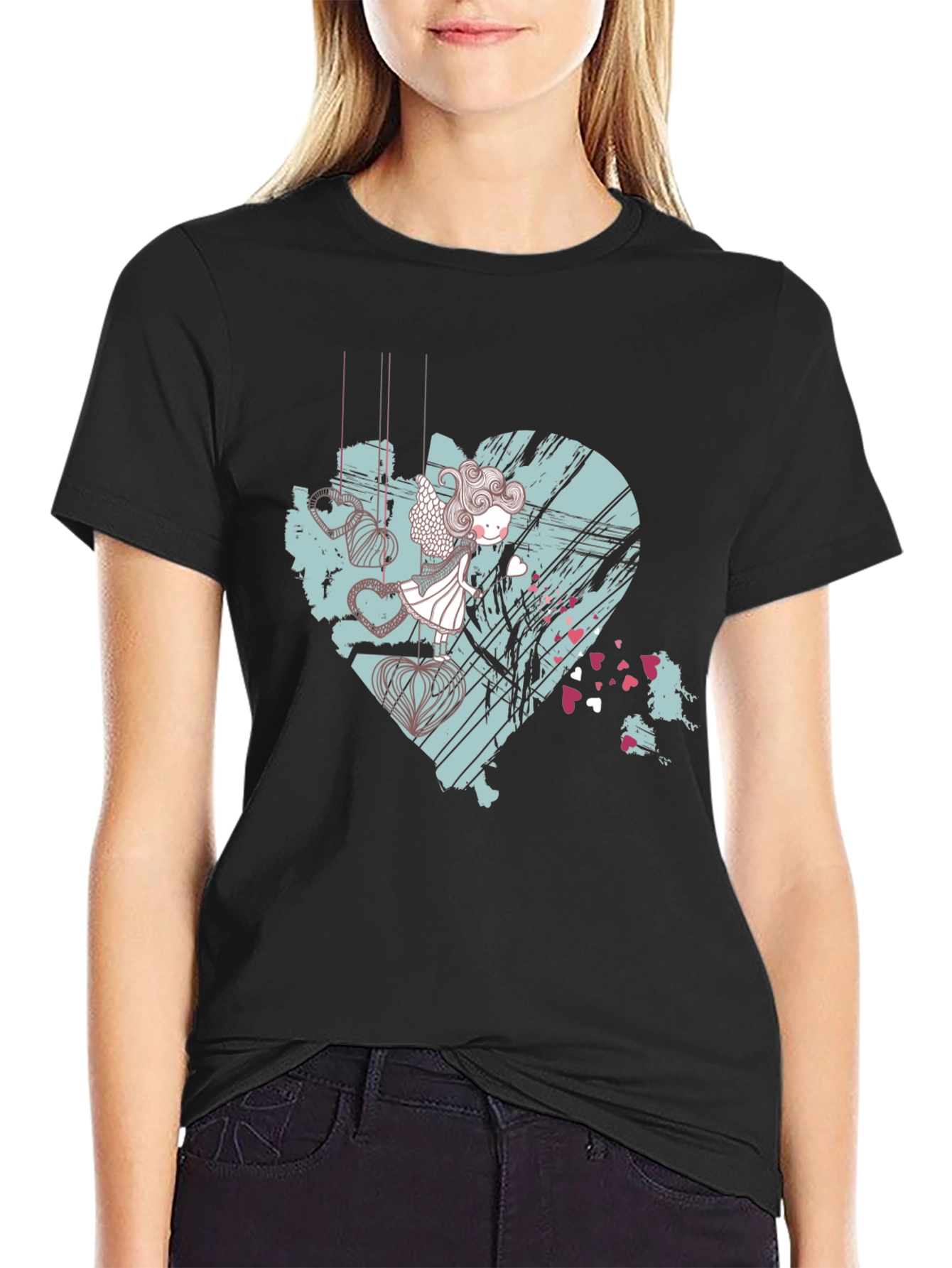 Artistic Heart Angel Graphic Tee - Black Cotton Blend
