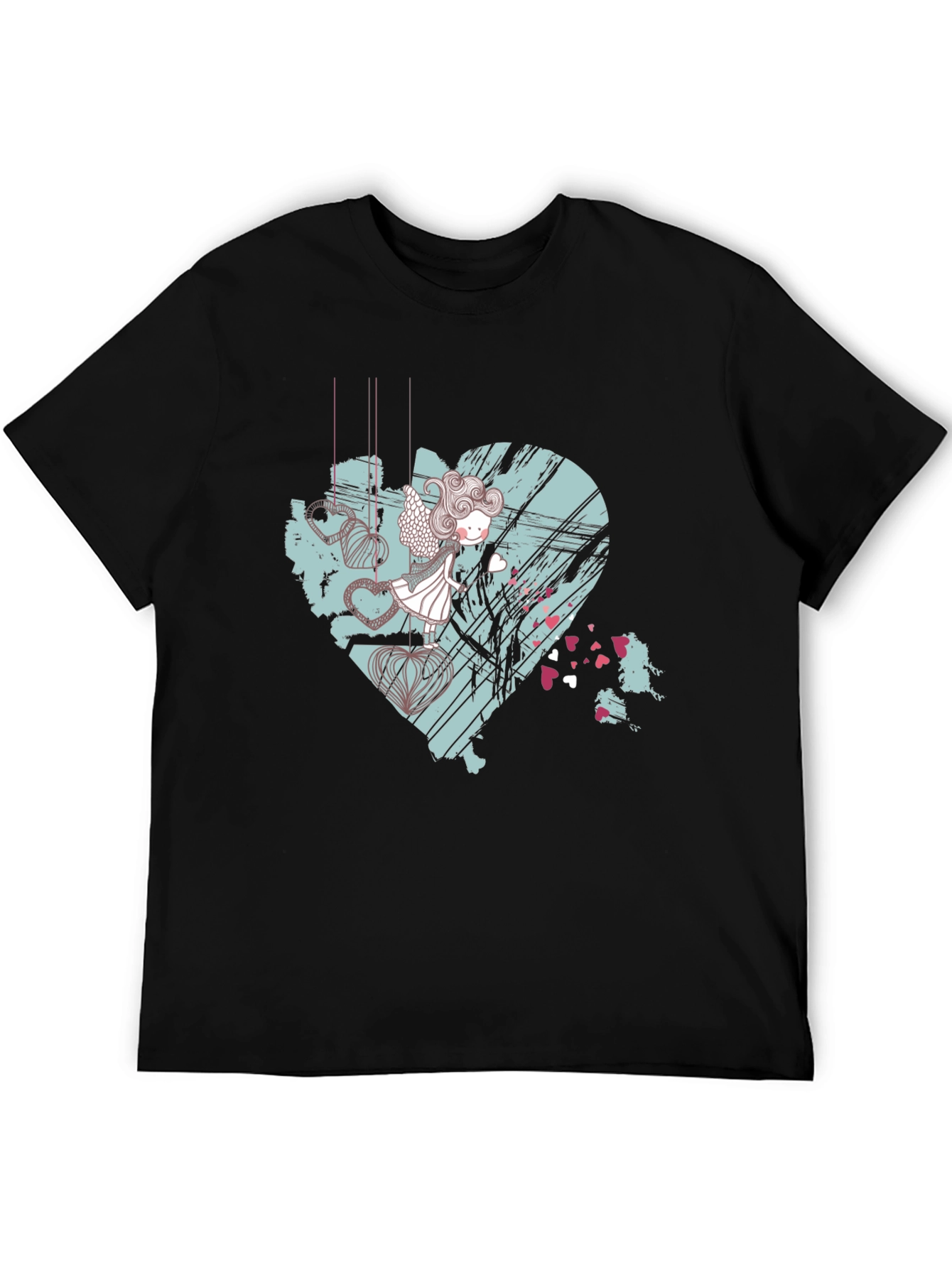 Artistic Heart Angel Graphic Tee - Black Cotton Blend