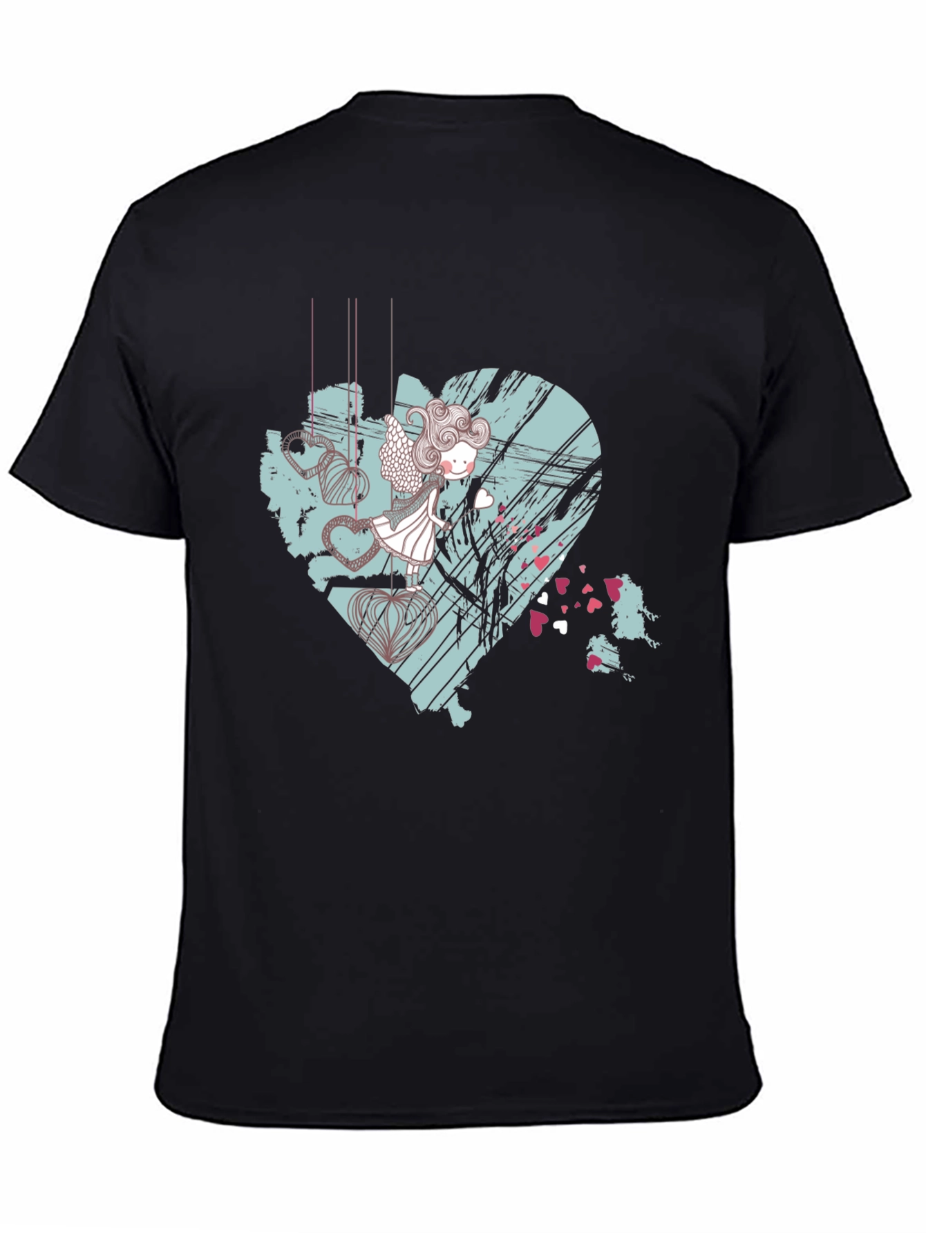 Artistic Heart Angel Graphic Tee - Black Cotton Blend