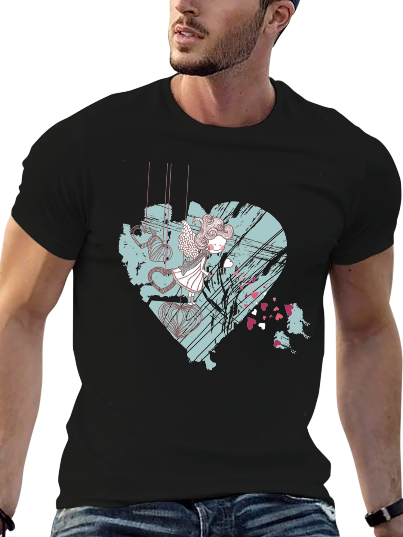 Artistic Heart Angel Graphic Tee - Black Cotton Blend
