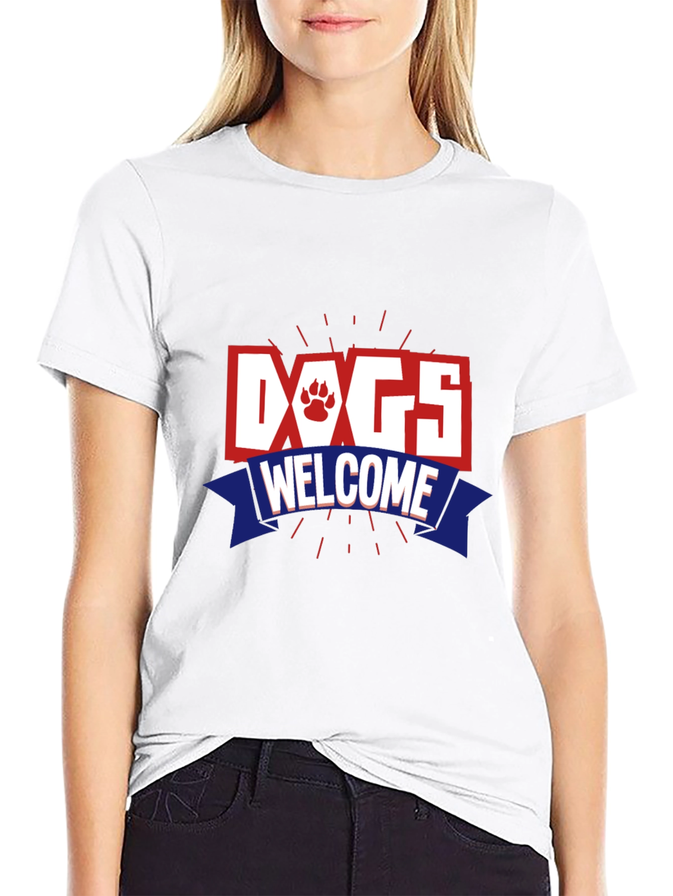 Dogs Welcome Graphic Print Crew Neck T-Shirt