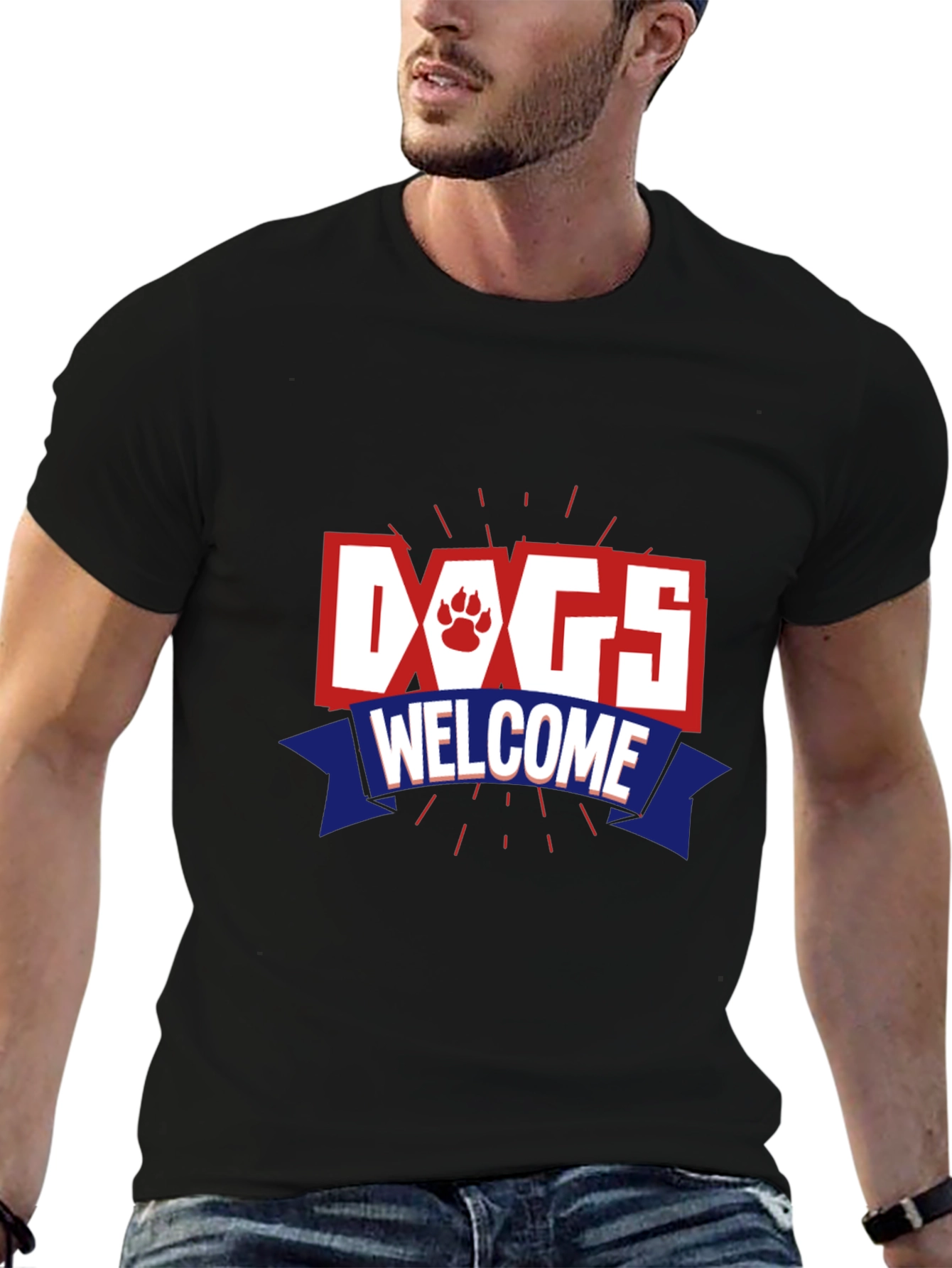 Dogs Welcome Graphic Print Crew Neck T-Shirt