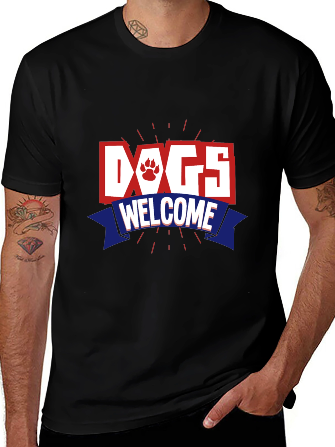 Dogs Welcome Graphic Print Crew Neck T-Shirt