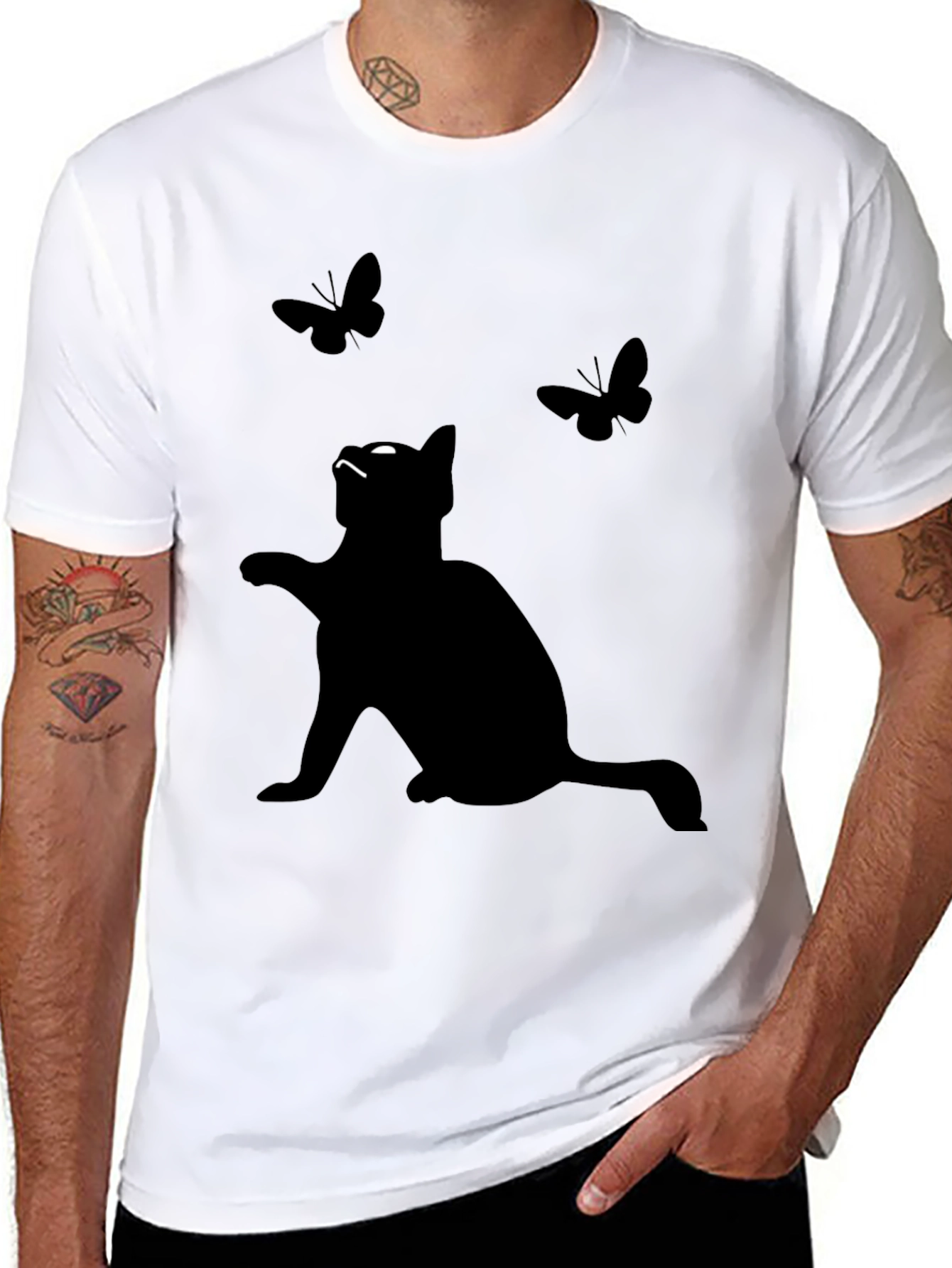 Cat & Butterfly Graphic Tee - Mens Black T-Shirt