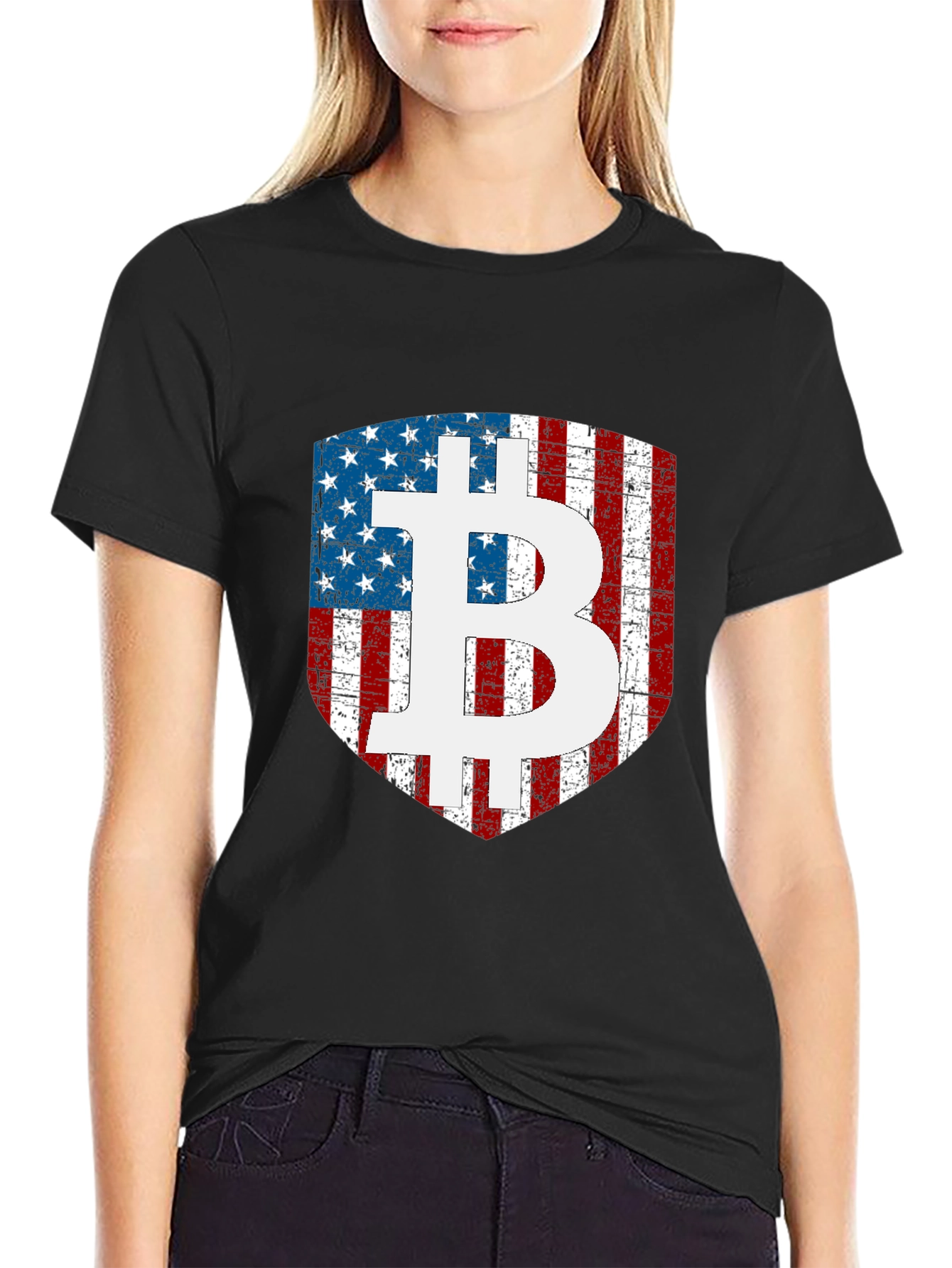 Bitcoin USA Flag Shield Graphic T-Shirt