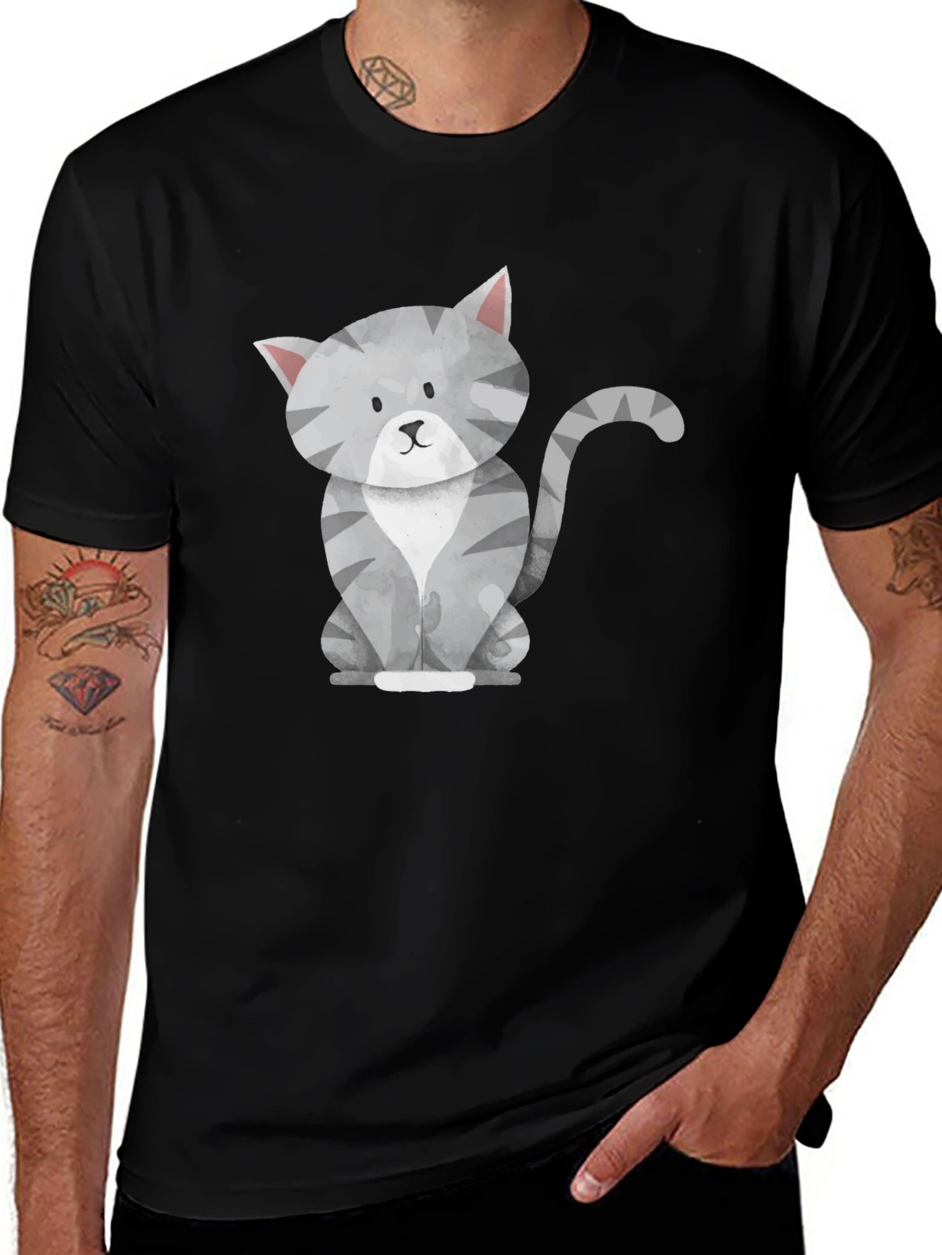 Cute Gray Cat Graphic Tee - Mens Black T-Shirt
