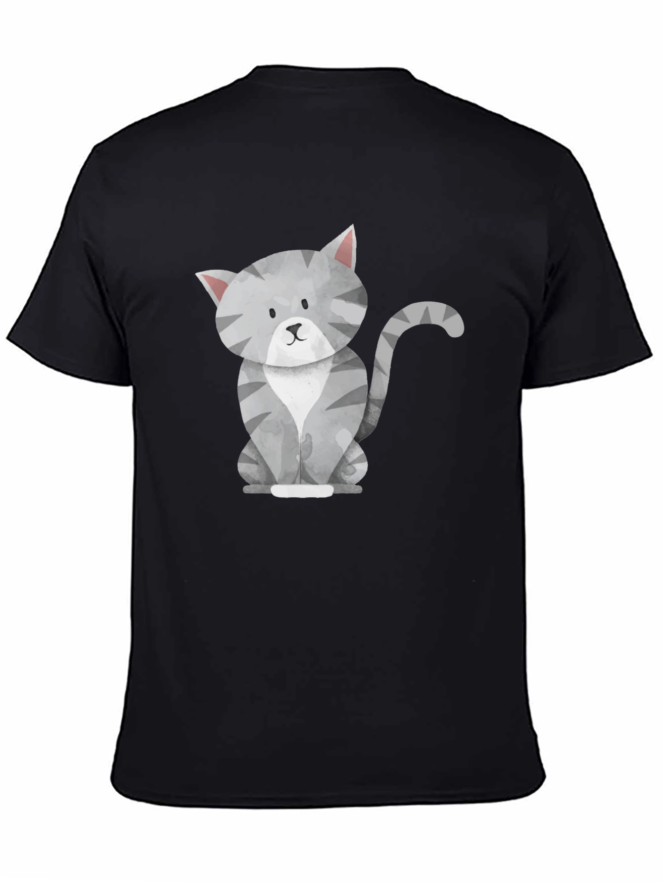 Cute Gray Cat Graphic Tee - Mens Black T-Shirt