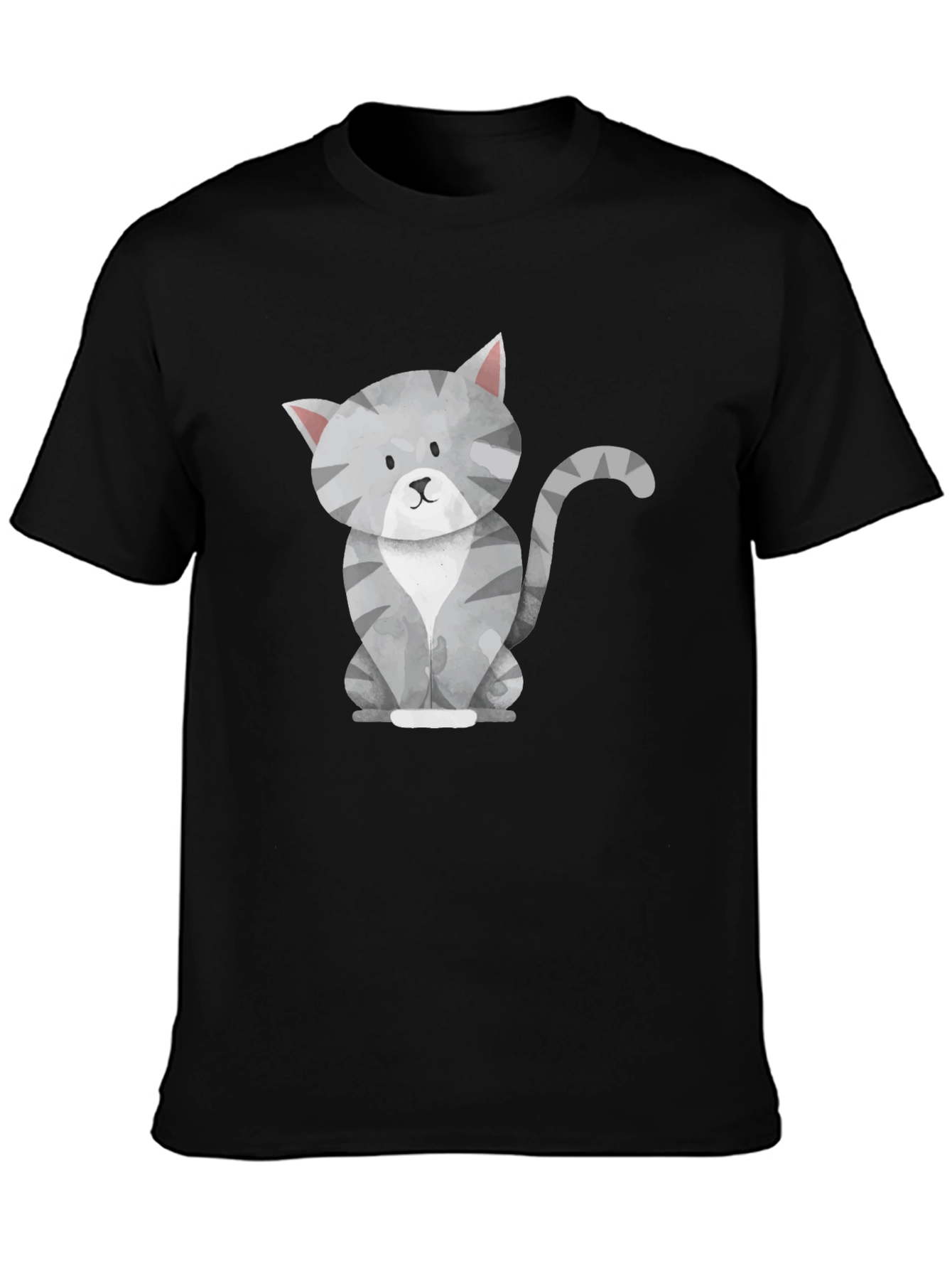 Cute Gray Cat Graphic Tee - Mens Black T-Shirt