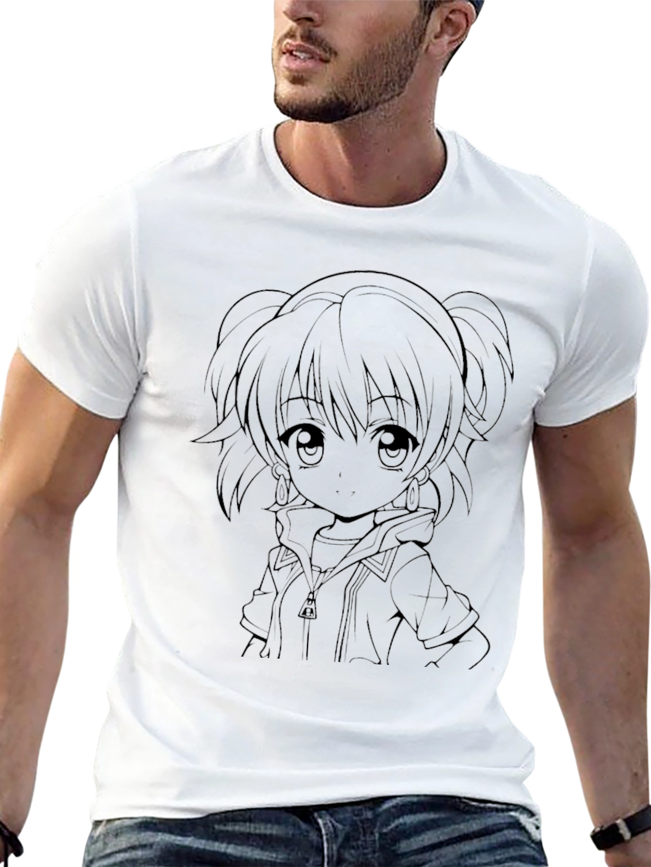 Anime Girl Outline Black T-Shirt