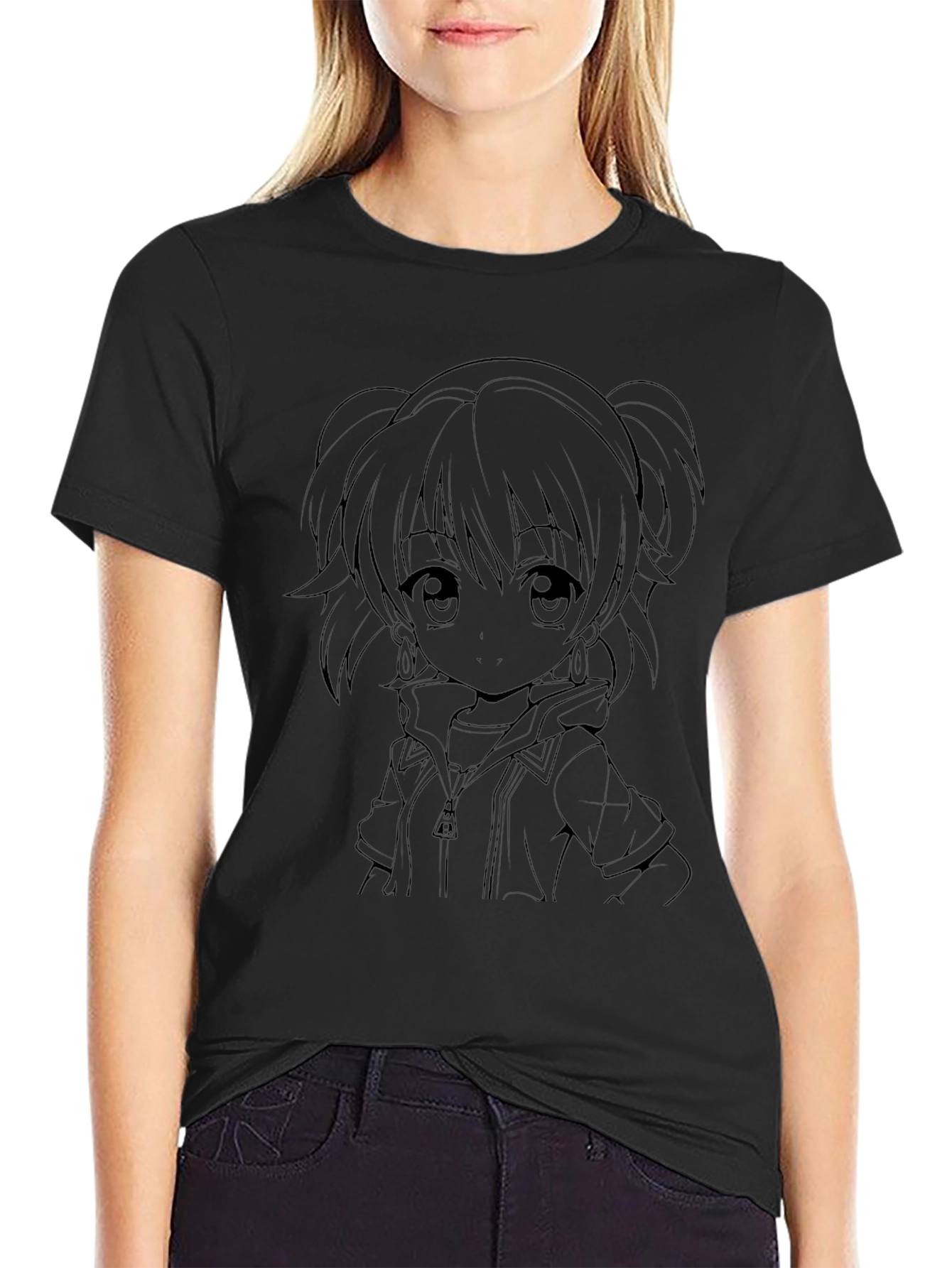 Anime Girl Outline Black T-Shirt