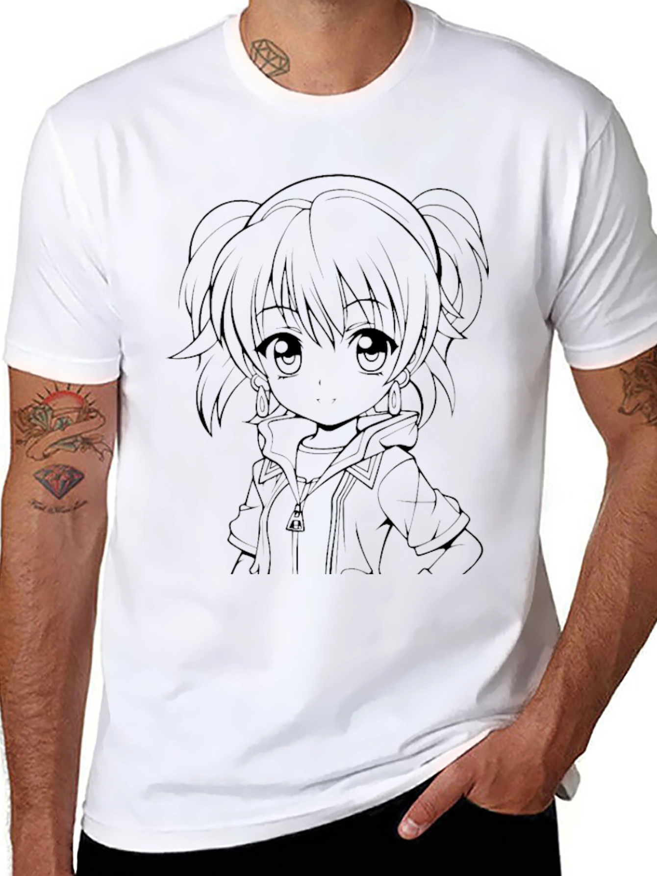Anime Girl Outline Black T-Shirt