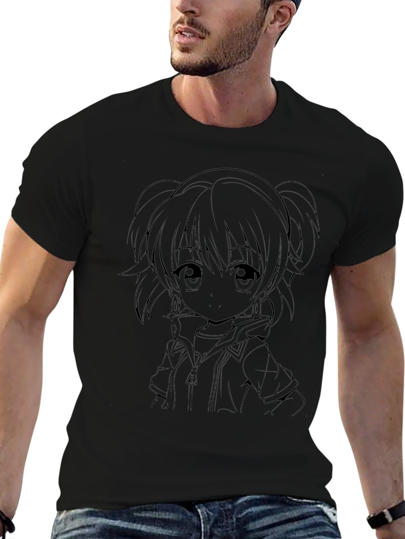 Anime Girl Outline Black T-Shirt
