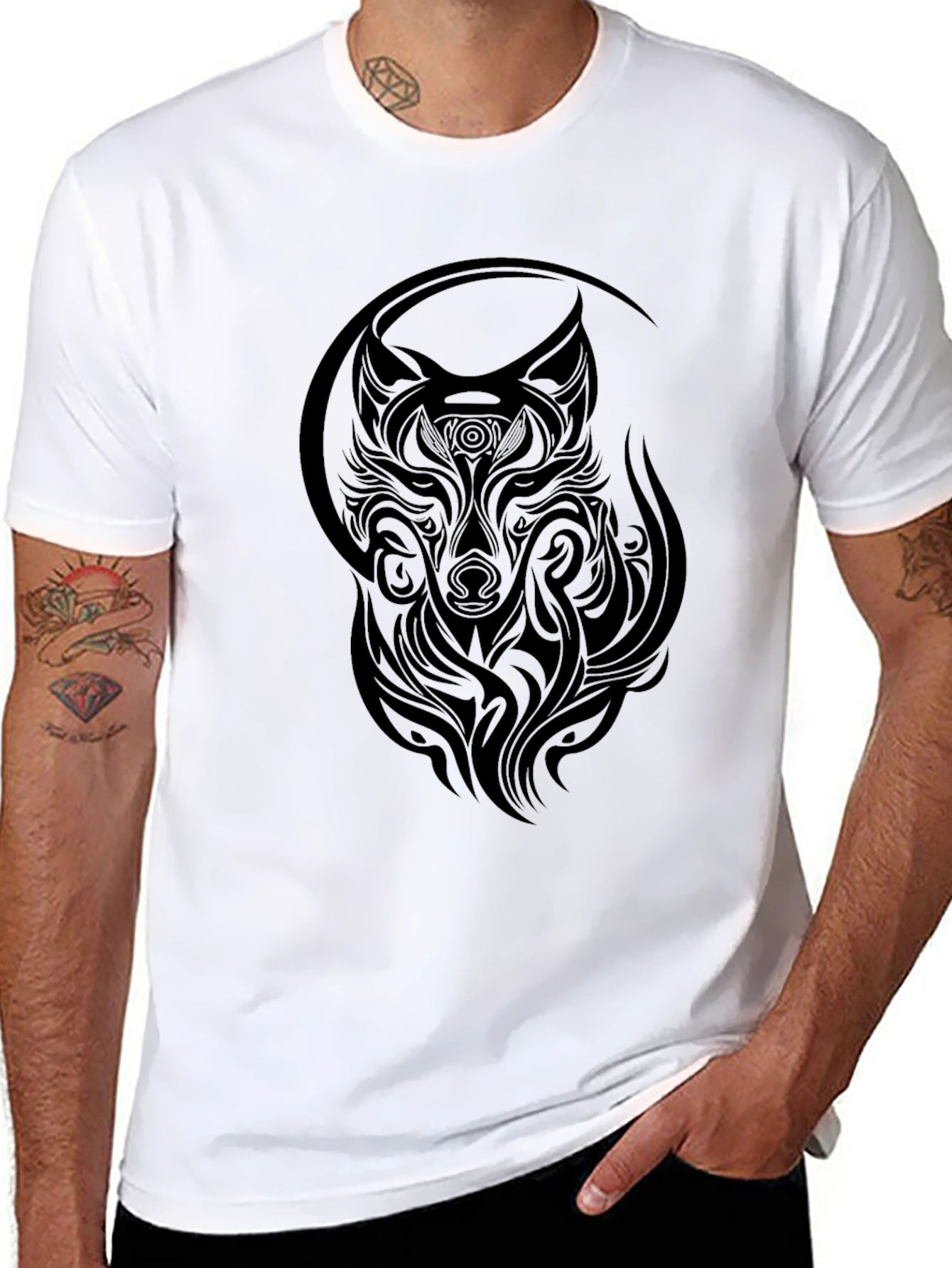 Tribal Wolf Graphic T-Shirt - Stylish Black Tee