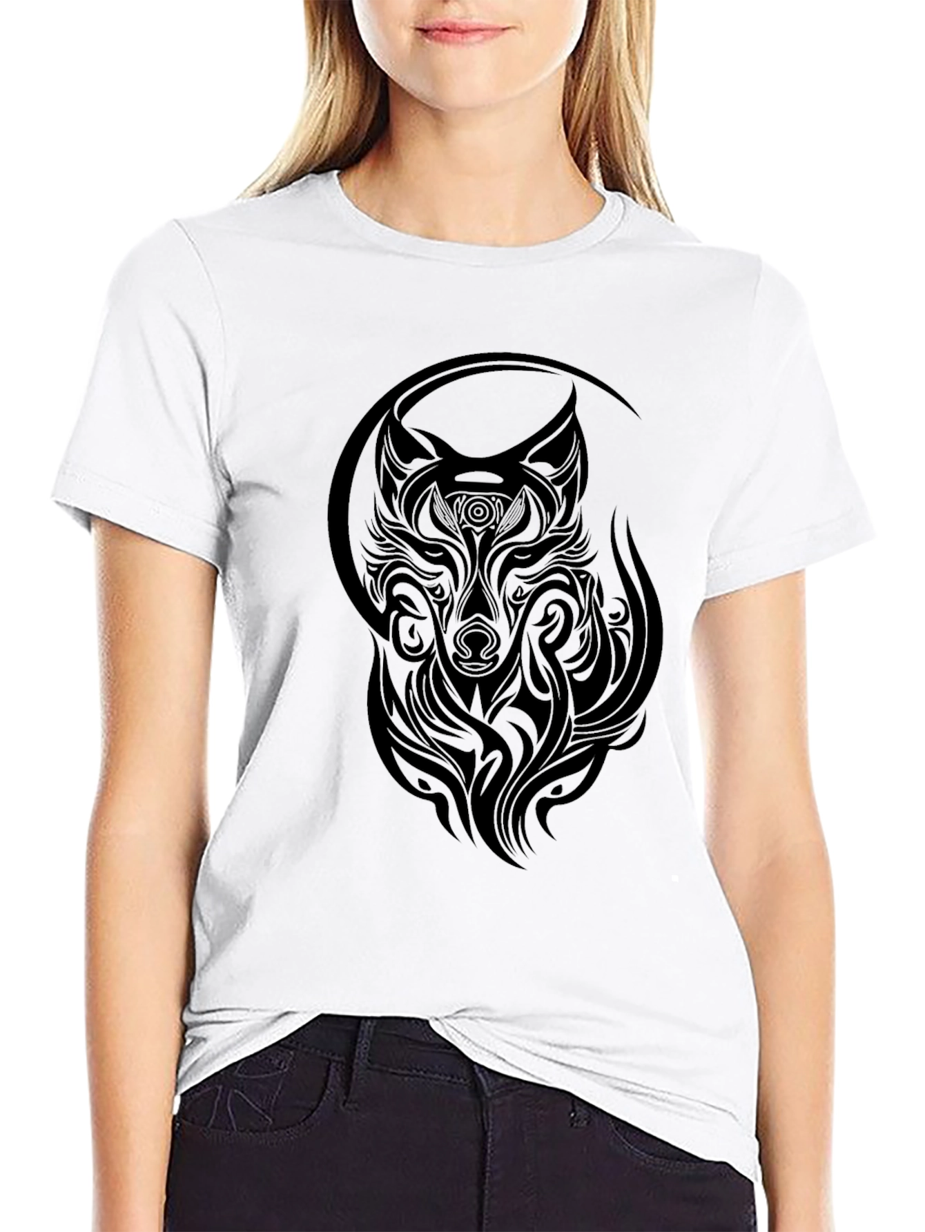 Tribal Wolf Graphic T-Shirt - Stylish Black Tee