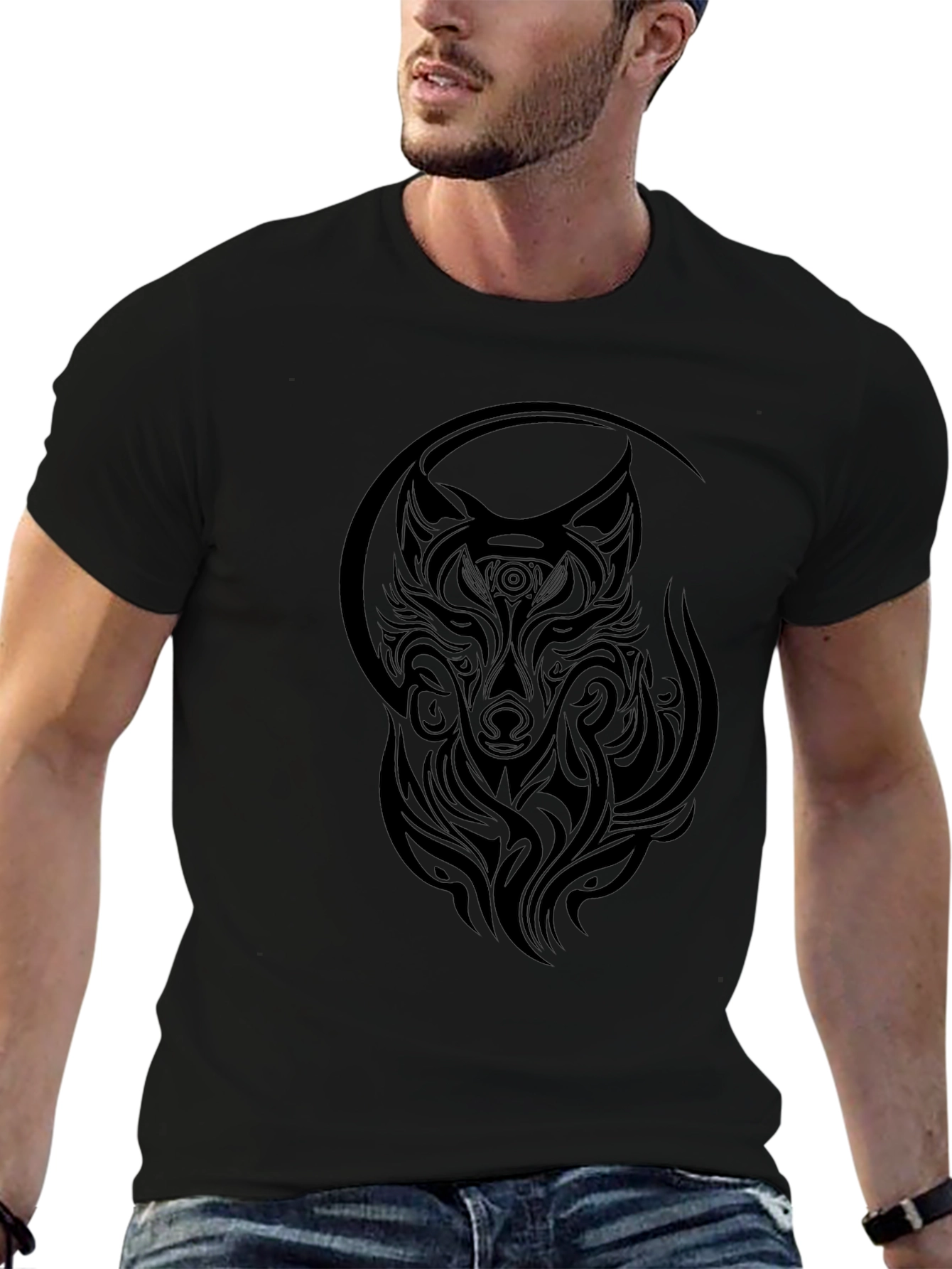 Tribal Wolf Graphic T-Shirt - Stylish Black Tee