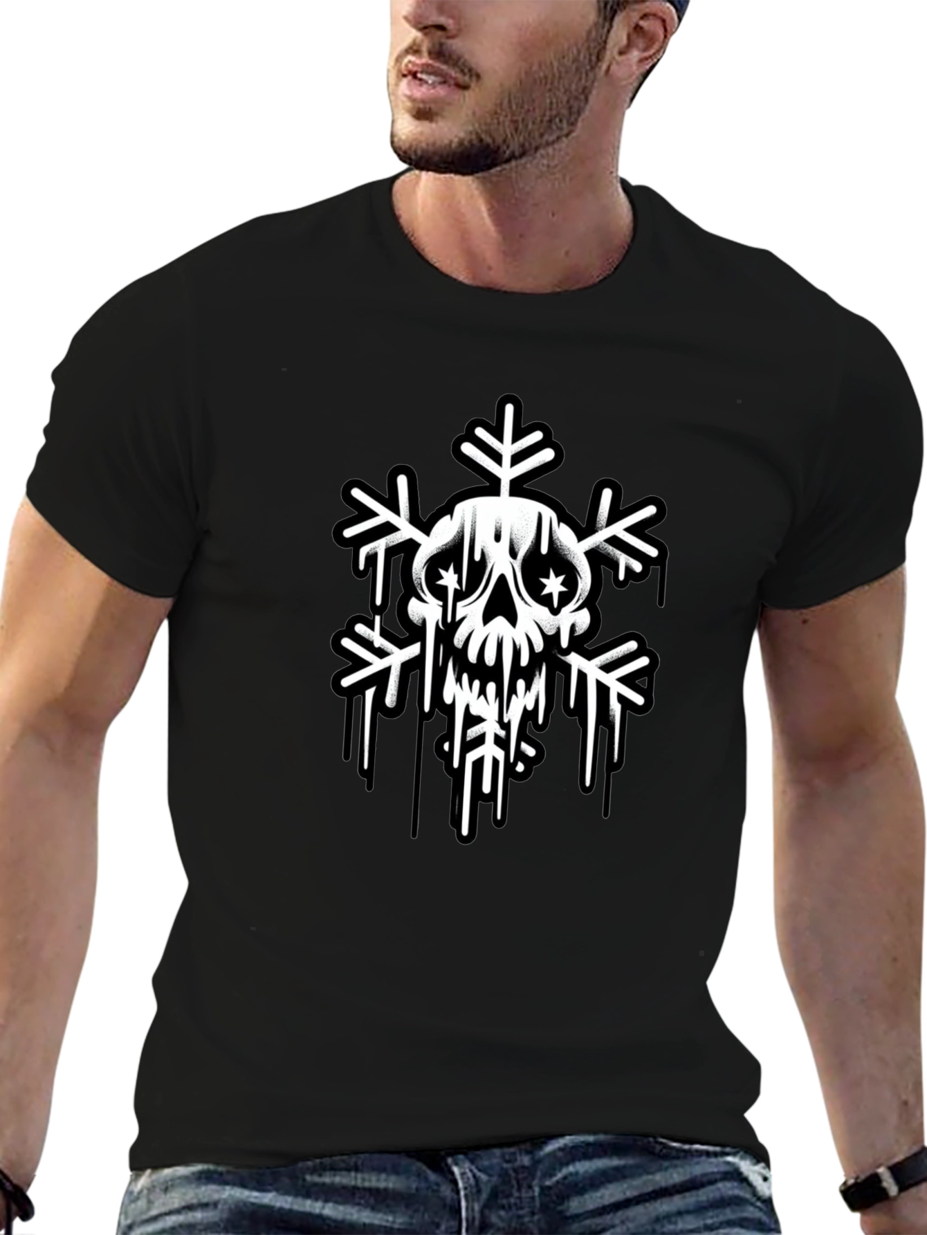 Skull Snowflake Graphic Tee - Black Cotton