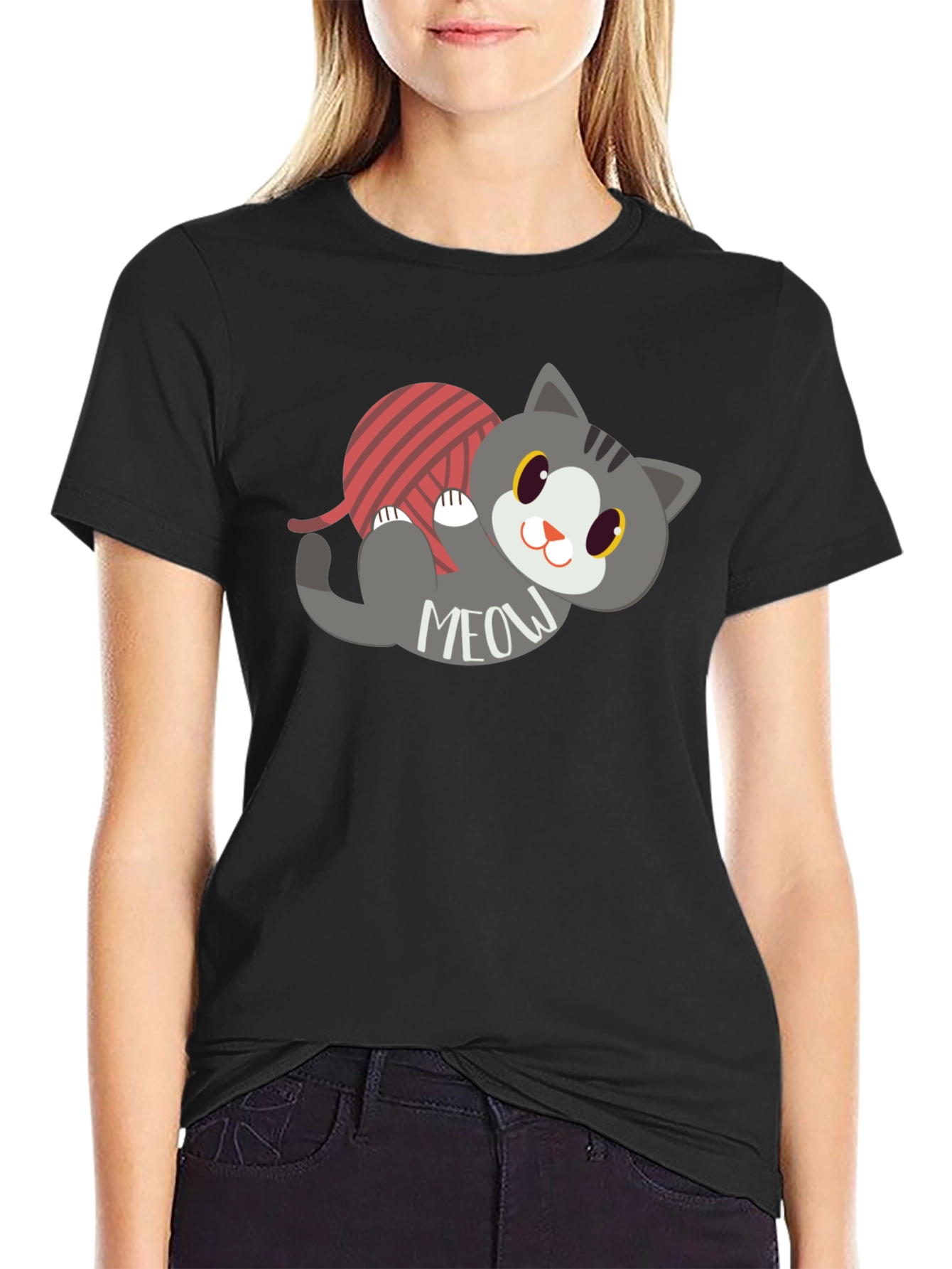 Cute Meow Cat T-Shirt - Yarn Ball Fun!