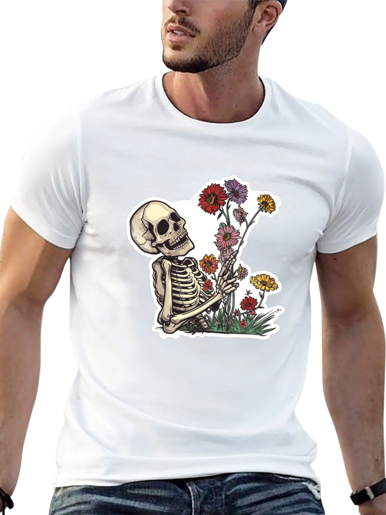 Skeleton with Flowers Graphic T-Shirt